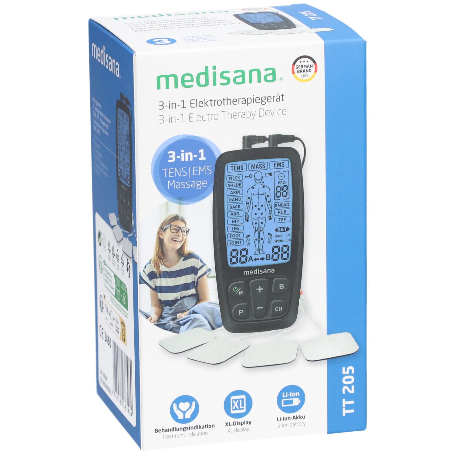Voorkant van de verpakking van het elektrotherapieapparaat. Apparaat, pads, display, knoppen. Merk: medisana. 3-in-1-apparaat. Product: TT 205. XL-display, Li-Ion-batterij.