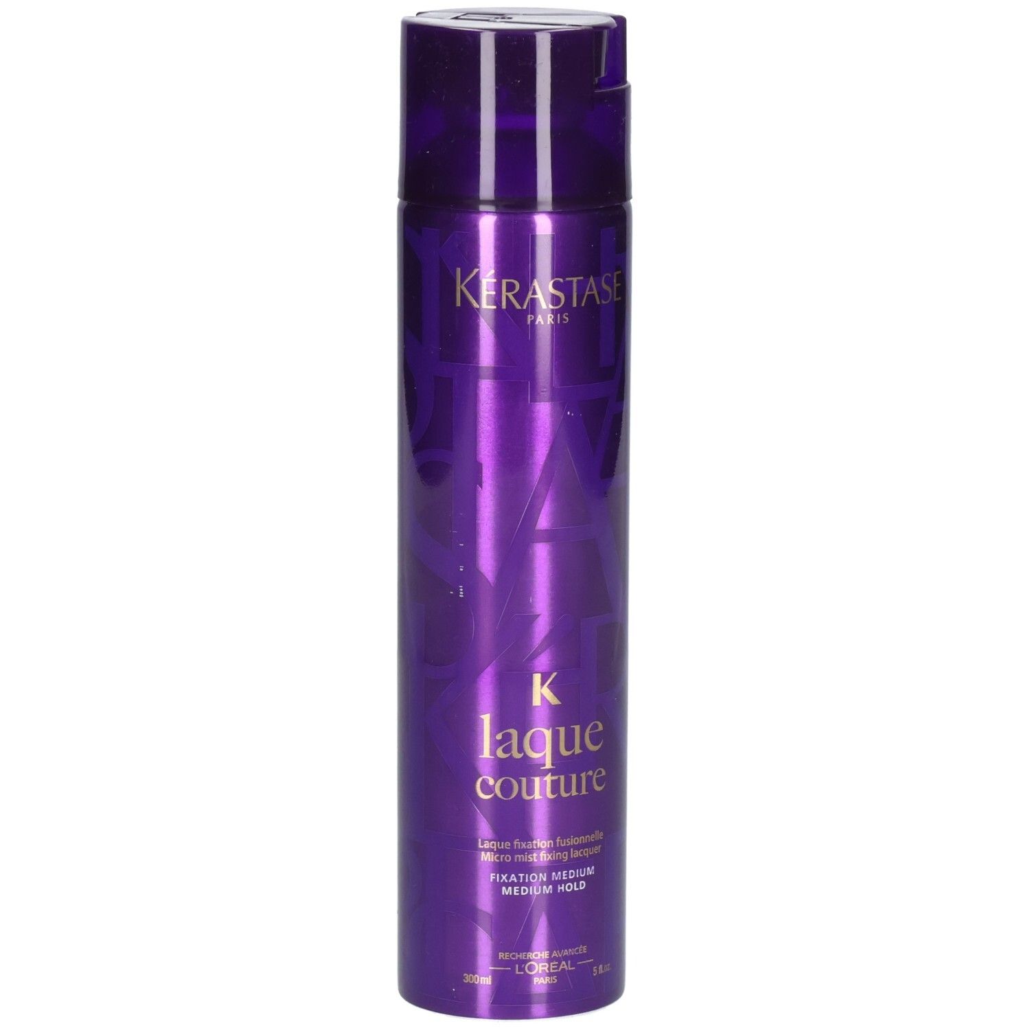 Kérastase Laque Couture haarlak, paarse spuitbus met gouden tekst, medium hold.