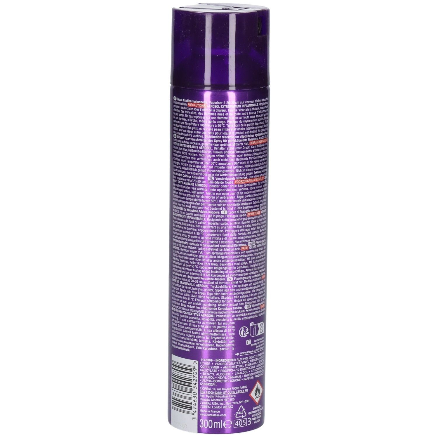 Achterkant van de Kérastase Laque Couture haarlak spuitbus, toont 300ml en L'Oréal logo.