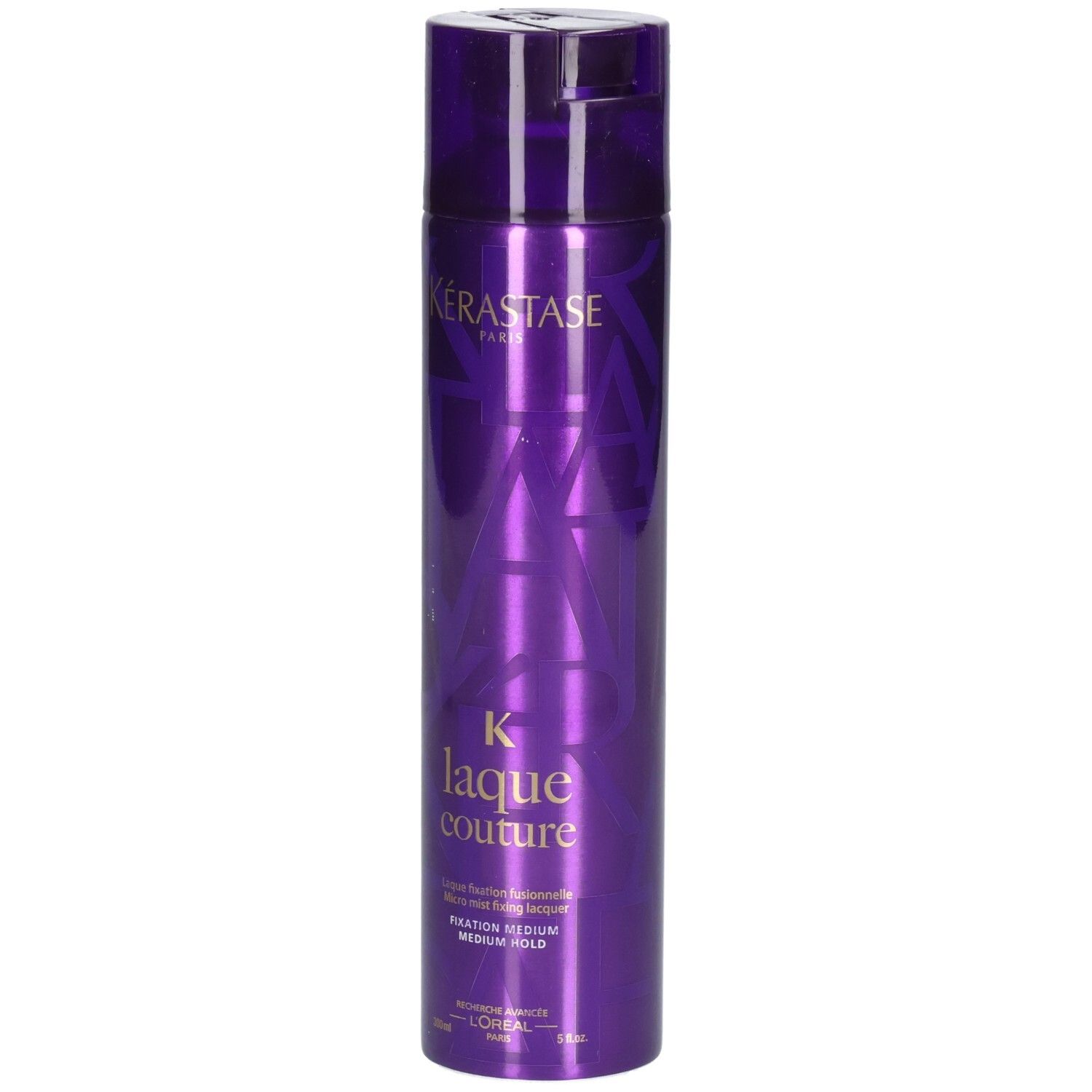 Kérastase Laque Couture haarlak, paarse spuitbus met gouden tekst, medium hold.