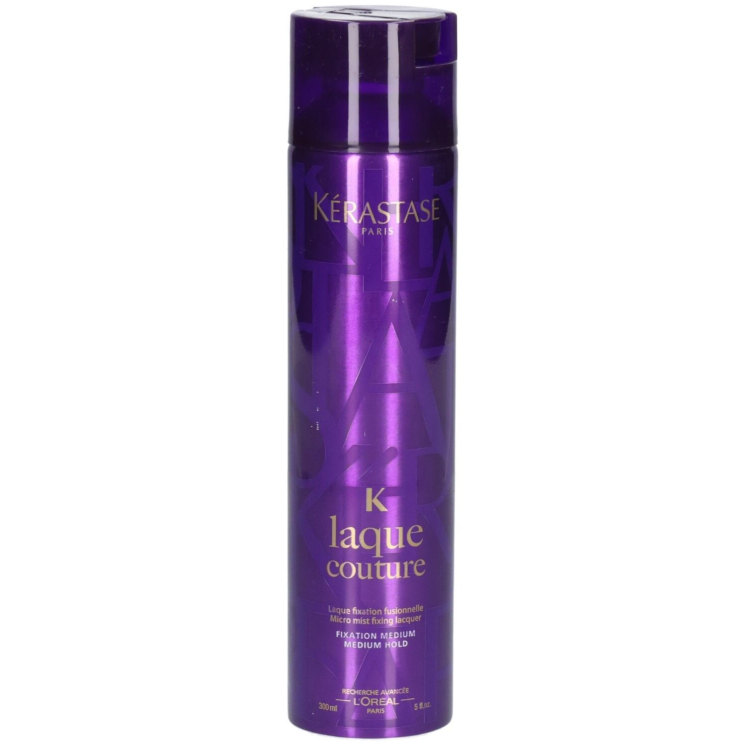 Kérastase Laque Couture haarlak, paarse spuitbus met gouden tekst, medium hold.