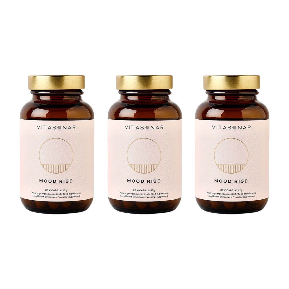 Drie bruine glazen flessen met gouden doppen en labels "VITASONAR MOOD RISE". Bevat 60 capsules.