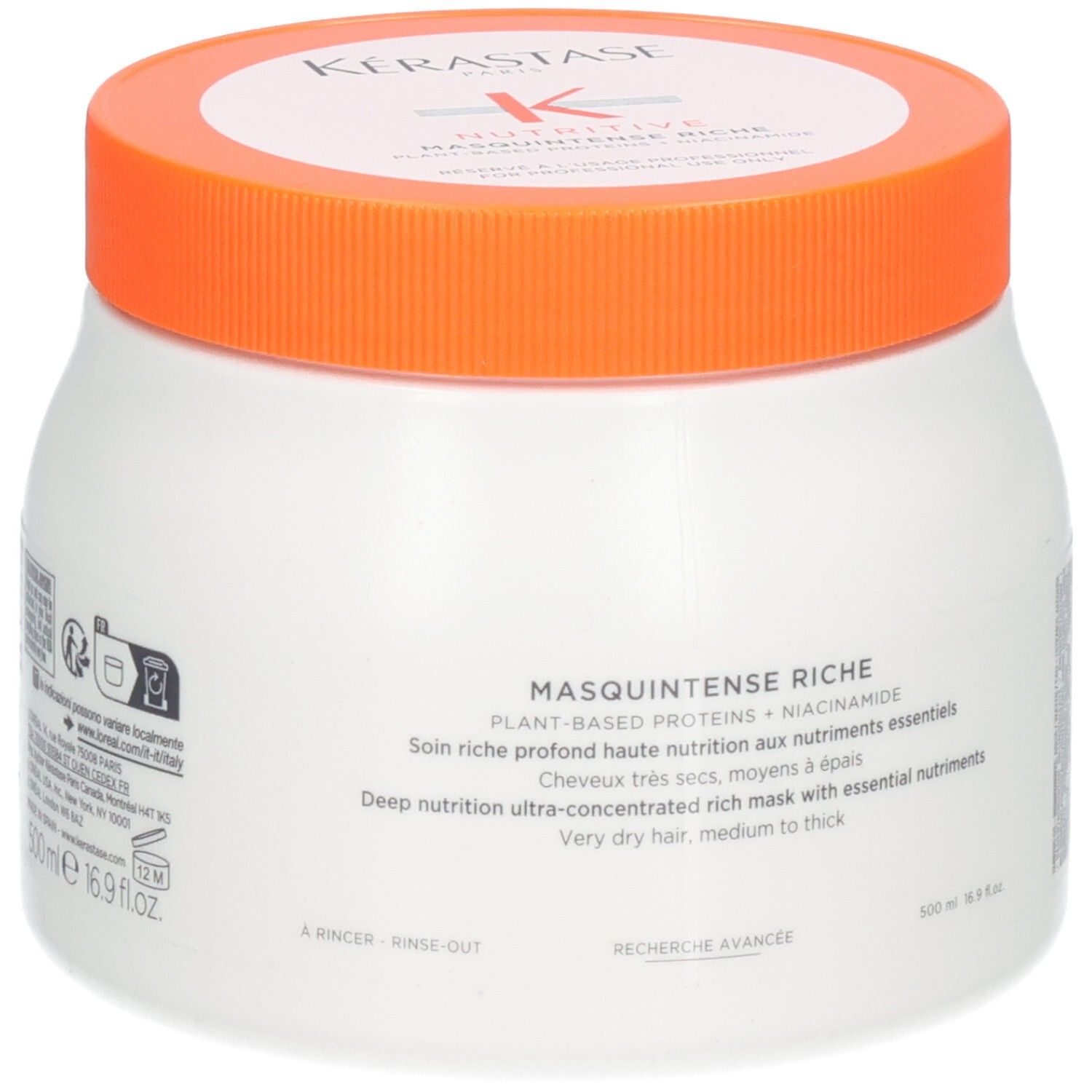 Kérastase Nutritive Masquintense Riche Masque, 500ml. Pot blanc avec couvercle orange.