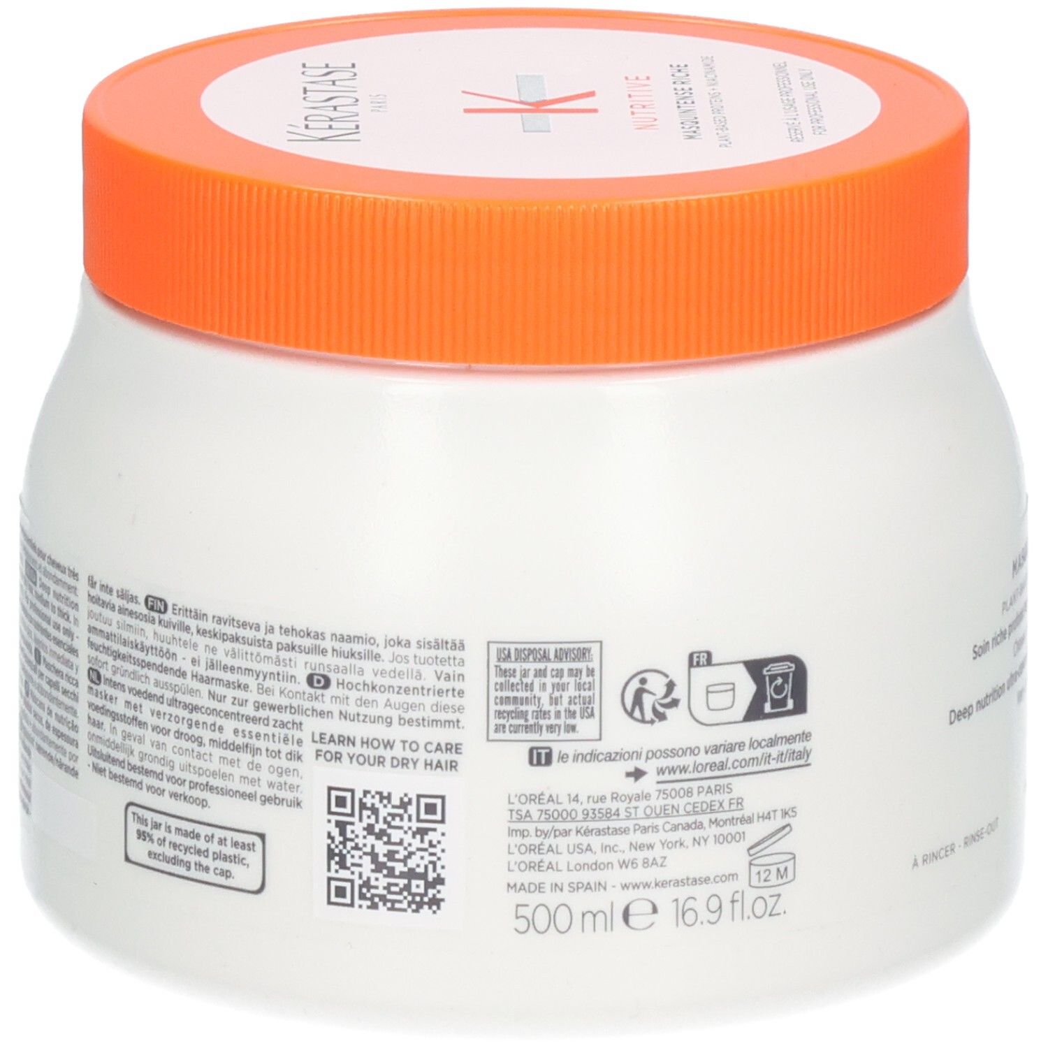 Arrière du masque Kérastase Nutritive Masquintense Riche (500ml) avec ingrédients et instructions.