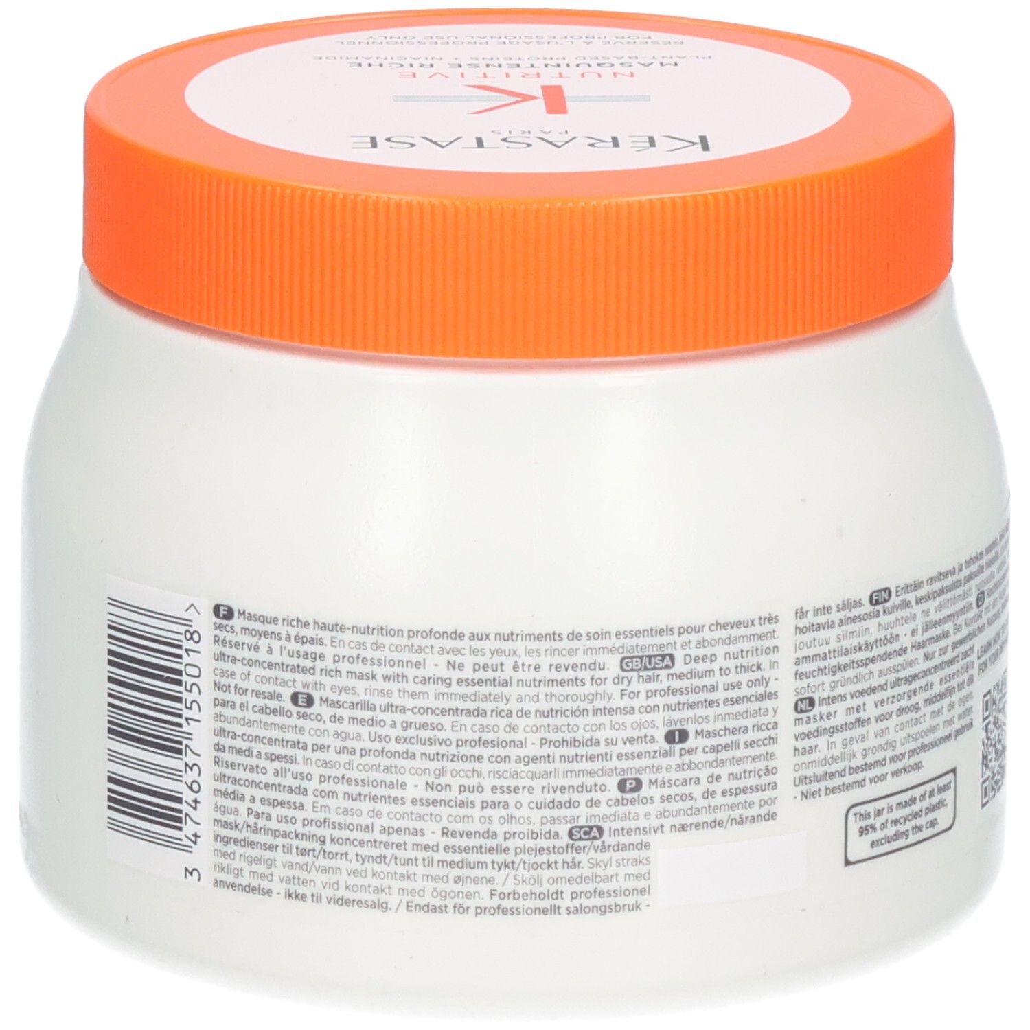 Vue latérale du masque Kérastase Nutritive Masquintense Riche (500ml) avec code-barres et informations produit.