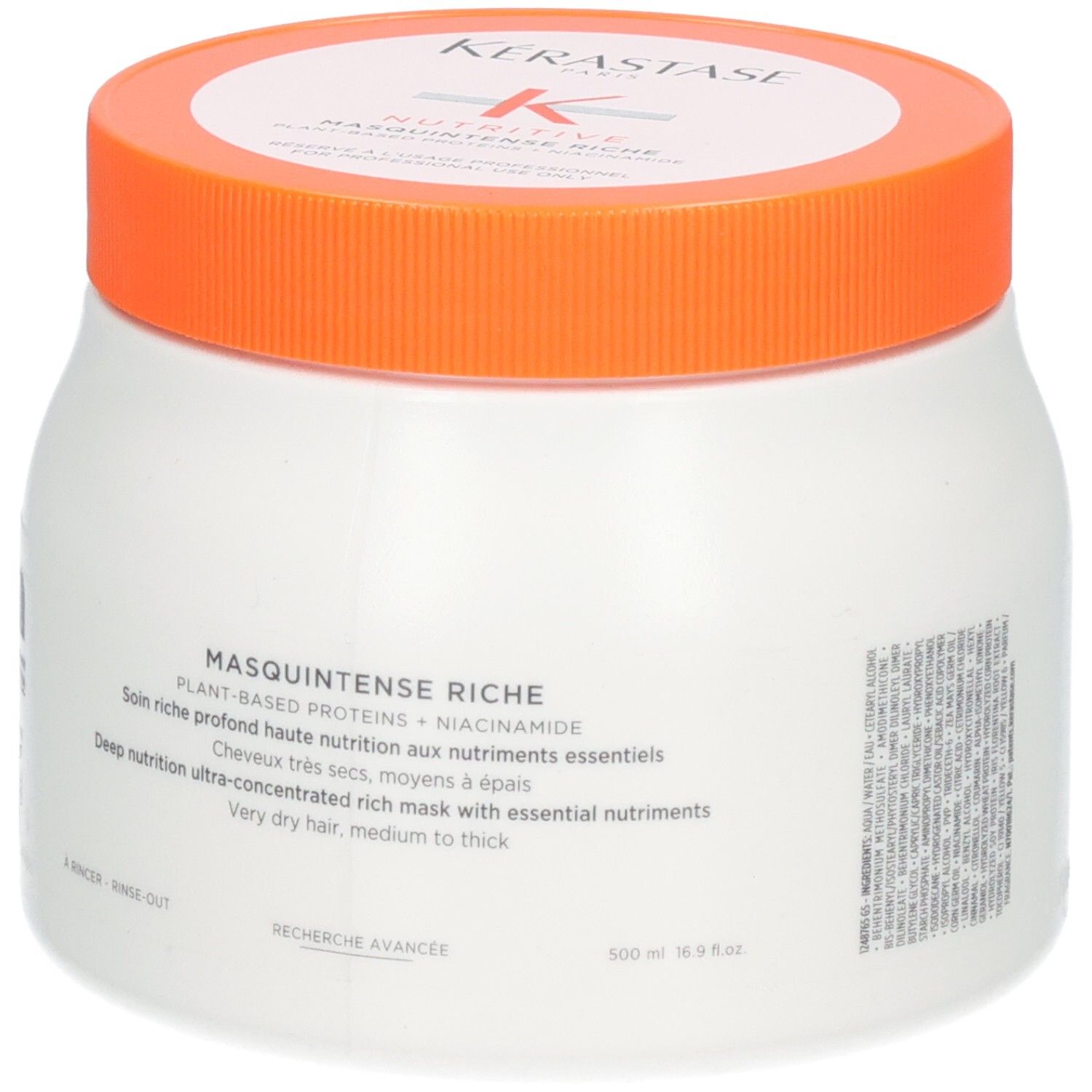 Kérastase Nutritive Masquintense Riche Masque, 500ml. Face avant avec nom du produit et logo.