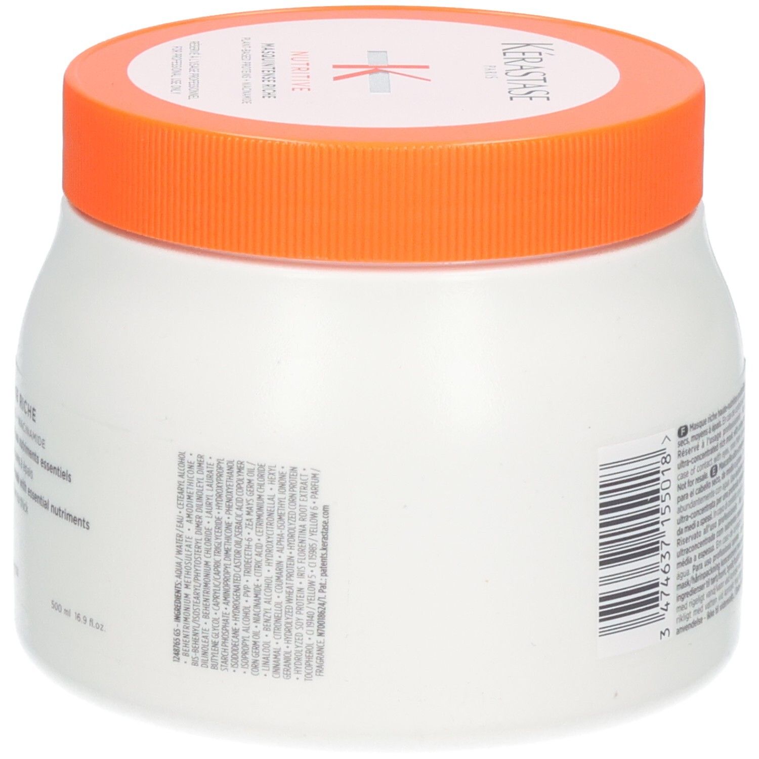 Vue latérale du masque Kérastase Nutritive Masquintense Riche (500ml) avec étiquette et code-barres.