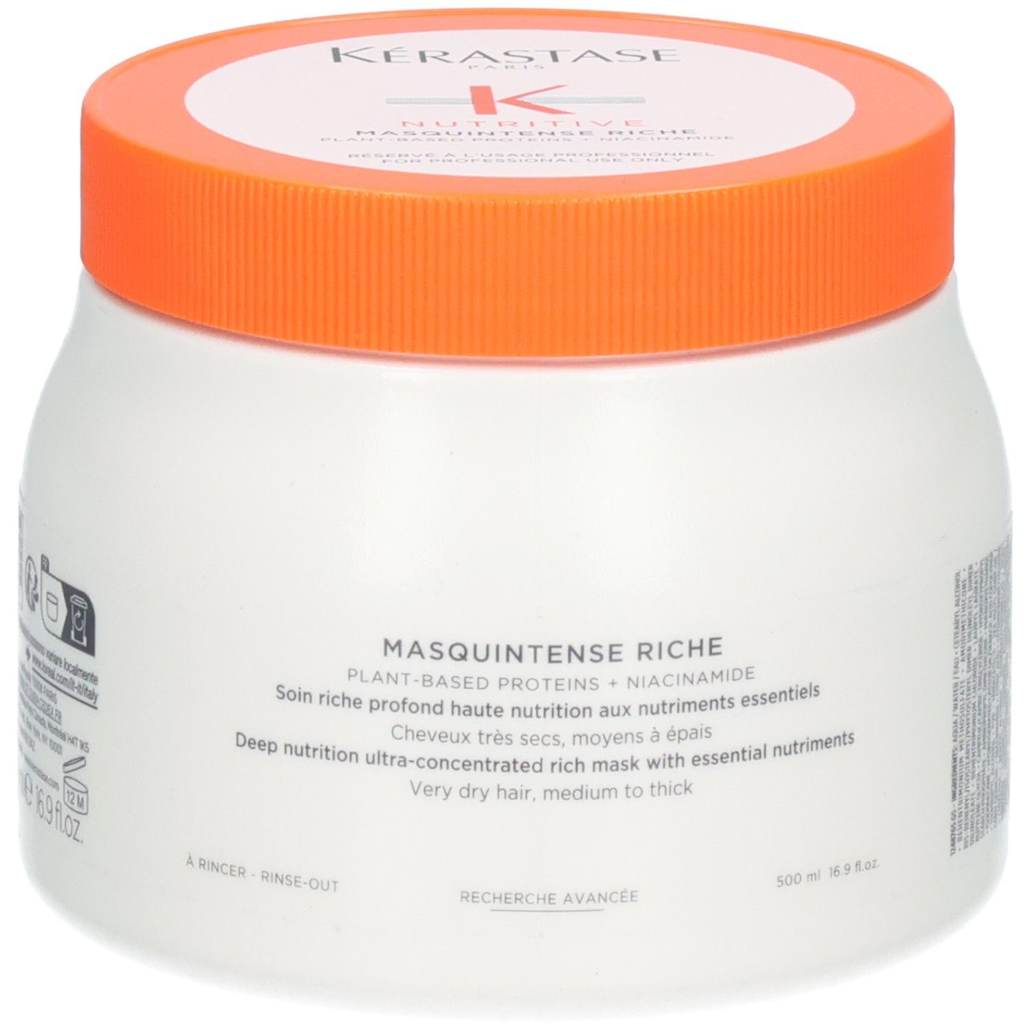 Kérastase Nutritive Masquintense Riche Masque, 500ml. Vue de face avec étiquette et couvercle.