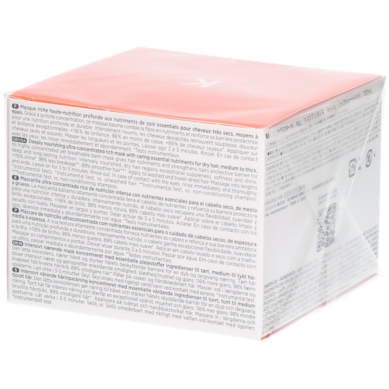 Kérastase Nutritive Masquintense Riche haarmasker verpakking met tekstuele informatie.