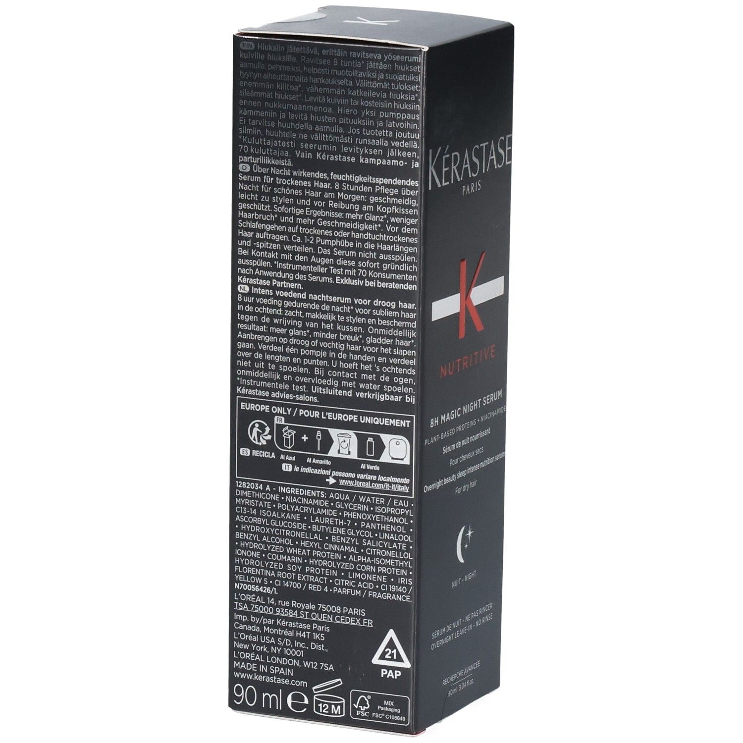 Kérastase Nutritive 8H Magic Night Serum Boîte, côté avec ingrédients et instructions d'utilisation.