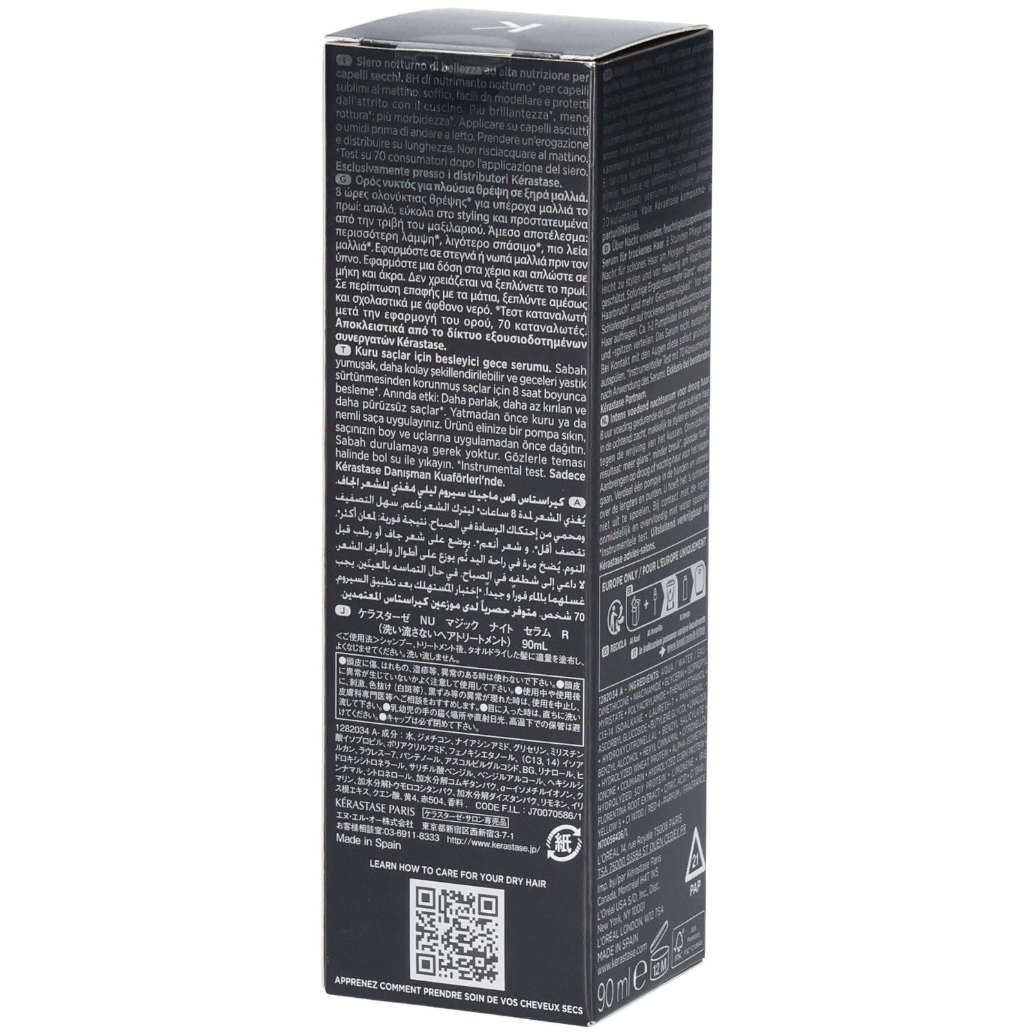 Kérastase Nutritive 8H Magic Night Serum Boîte, côté avec informations produit multilingues.