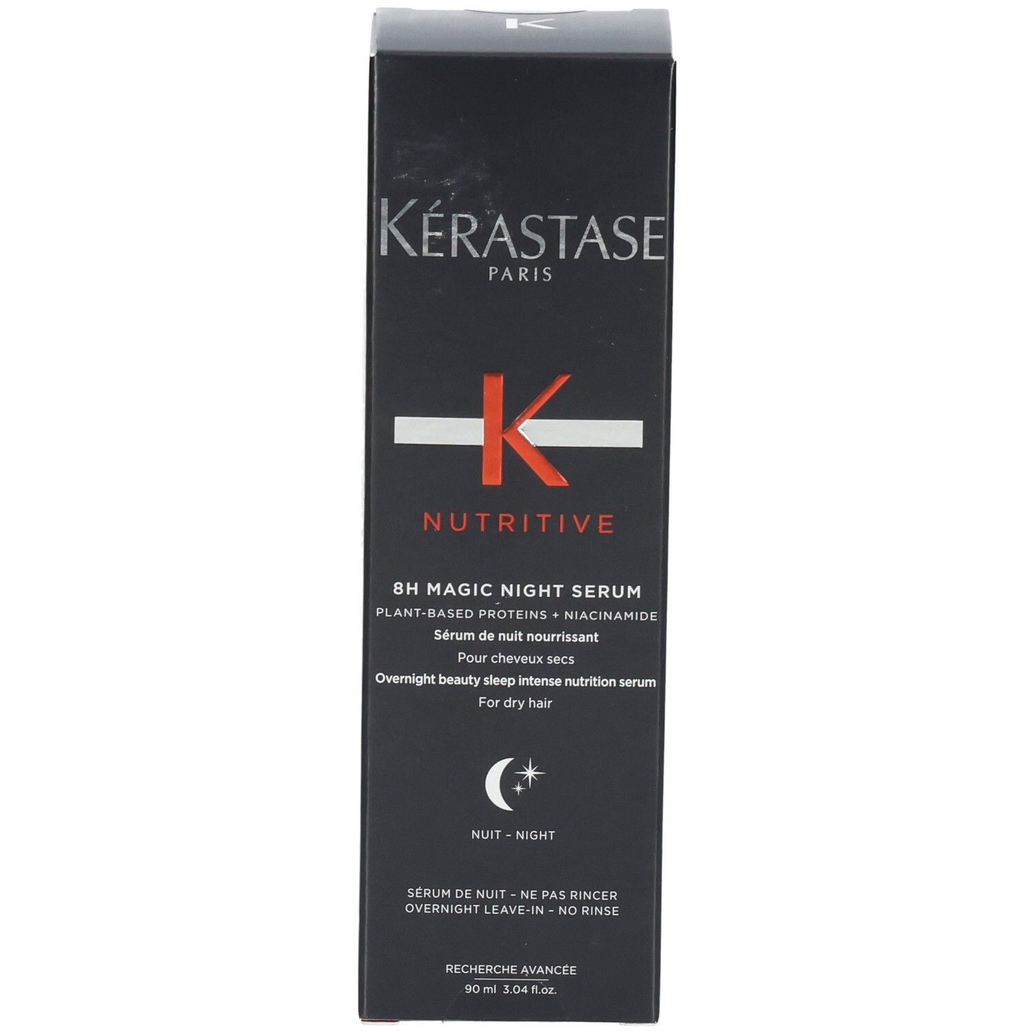 Kérastase Nutritive 8H Magic Night Serum Boîte, face avant avec informations produit et logo.