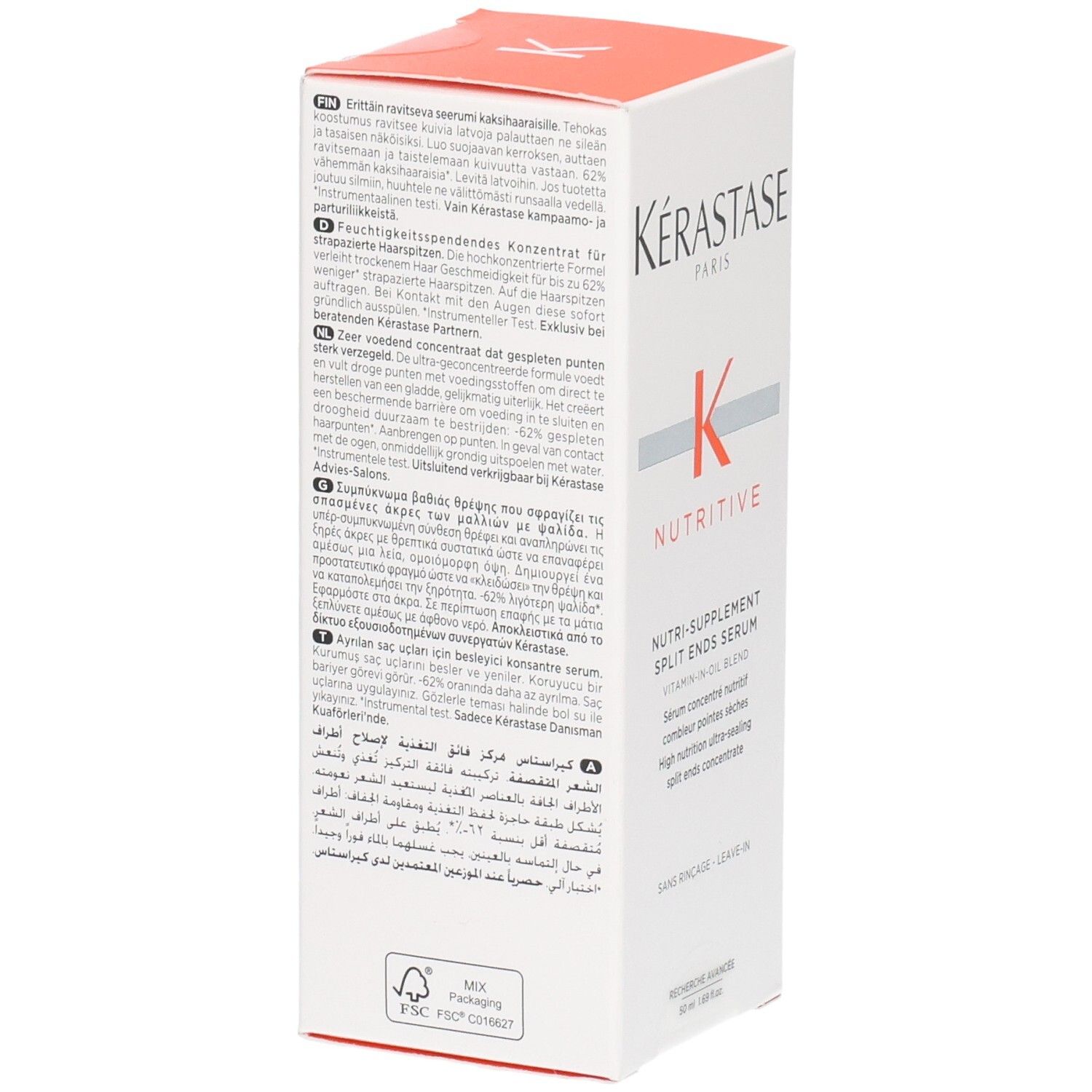 Emballage Kérastase Nutritive Split Ends Serum. Informations produit multilingues.