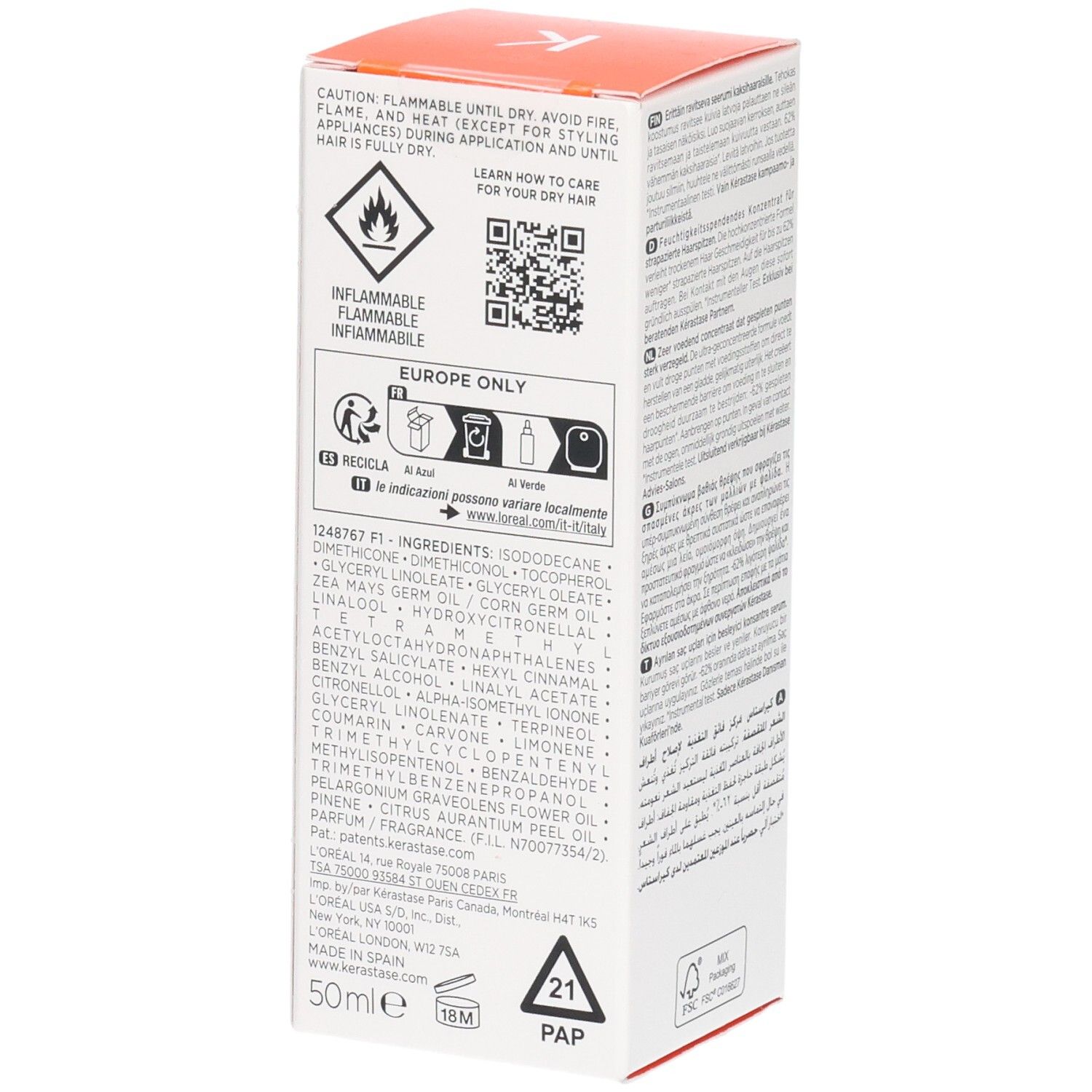 Emballage Kérastase Nutritive Split Ends Serum. Avertissements et ingrédients.