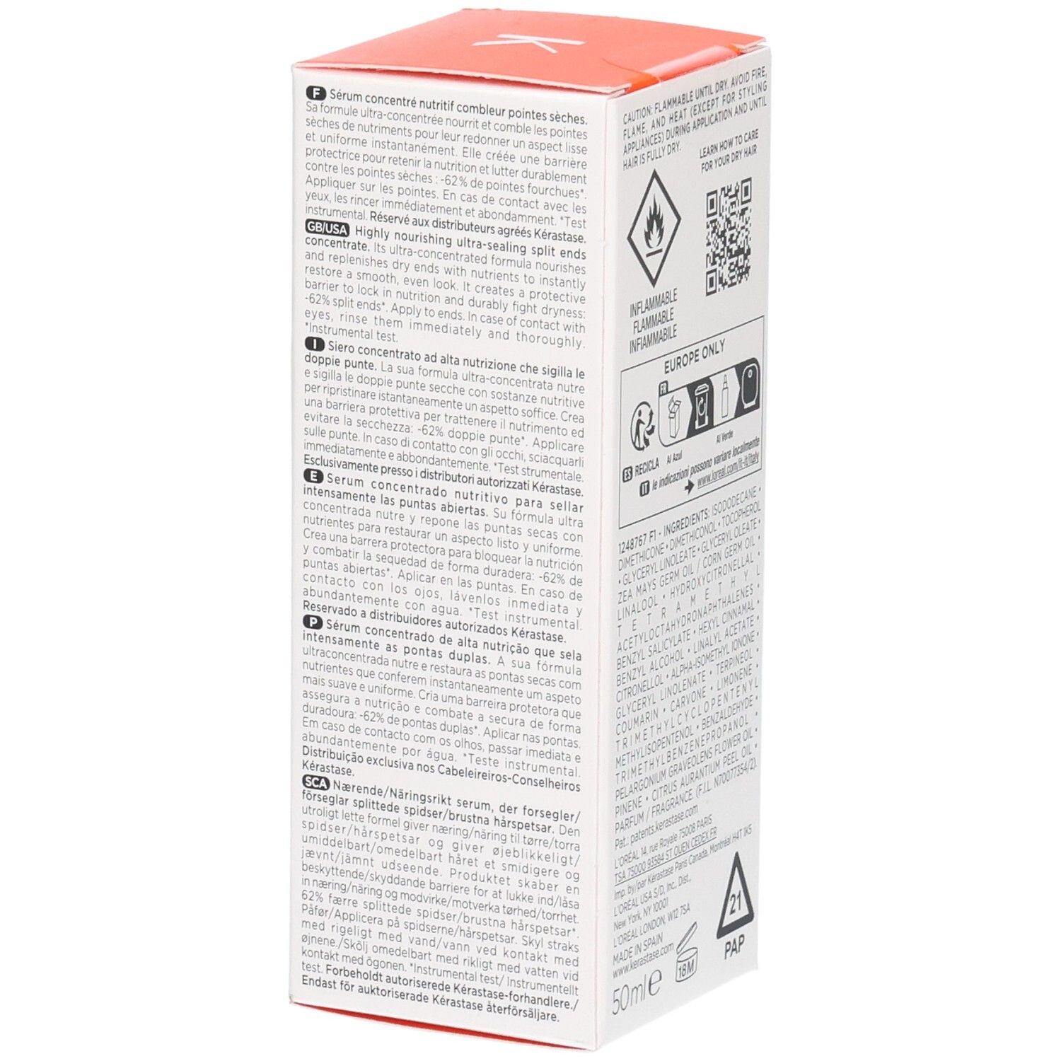 Emballage Kérastase Nutritive Split Ends Serum. Instructions d'utilisation multilingues.