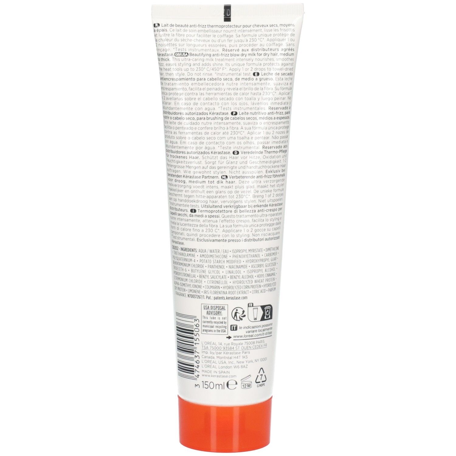Arrière d'un tube blanc Kérastase Nutritive Nectar Thermique avec bouchon orange. Contient des instructions d'utilisation et des ingrédients.