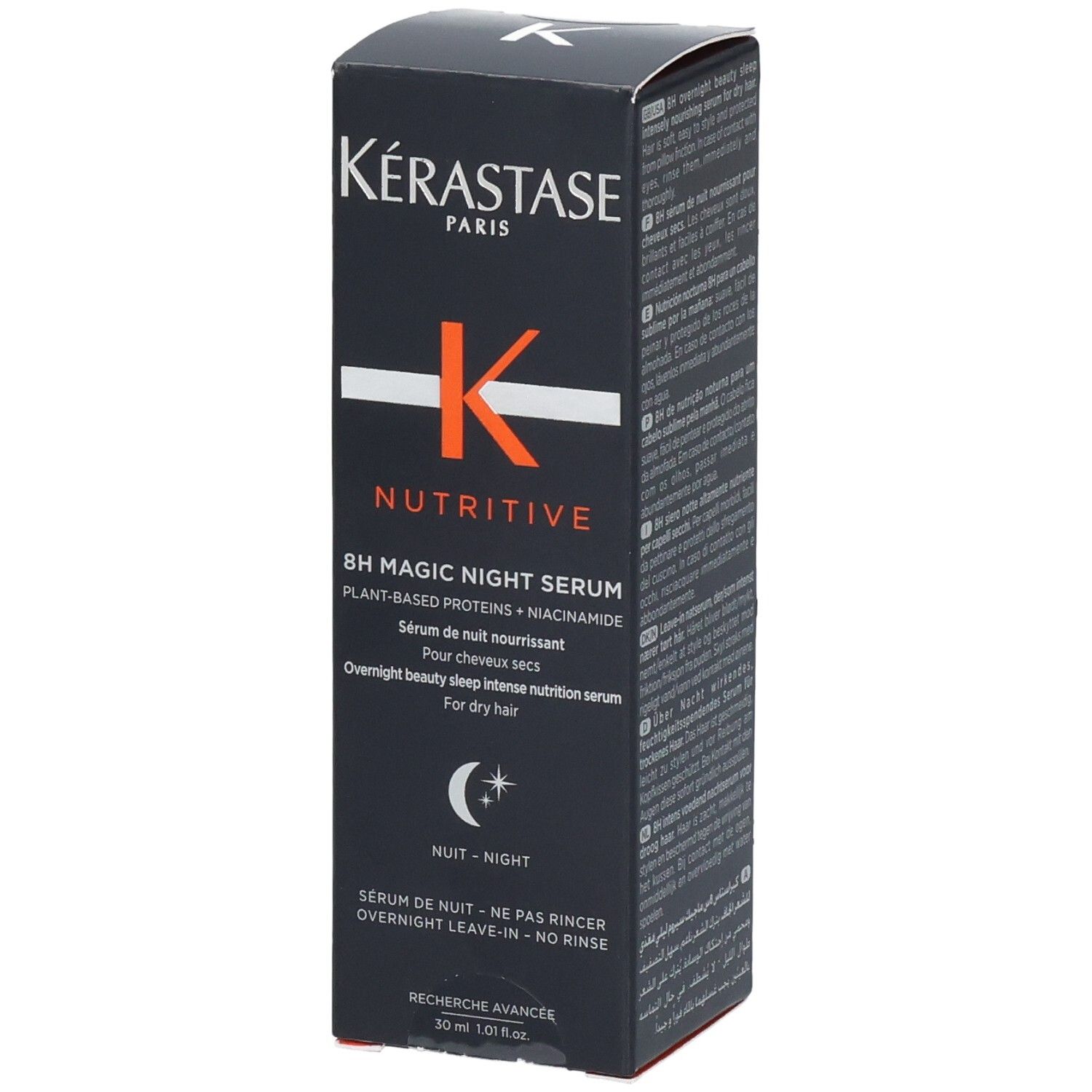 Kérastase Nutritive 8h Magic Night Serum Boîte en carton avec illustration du produit et informations textuelles.