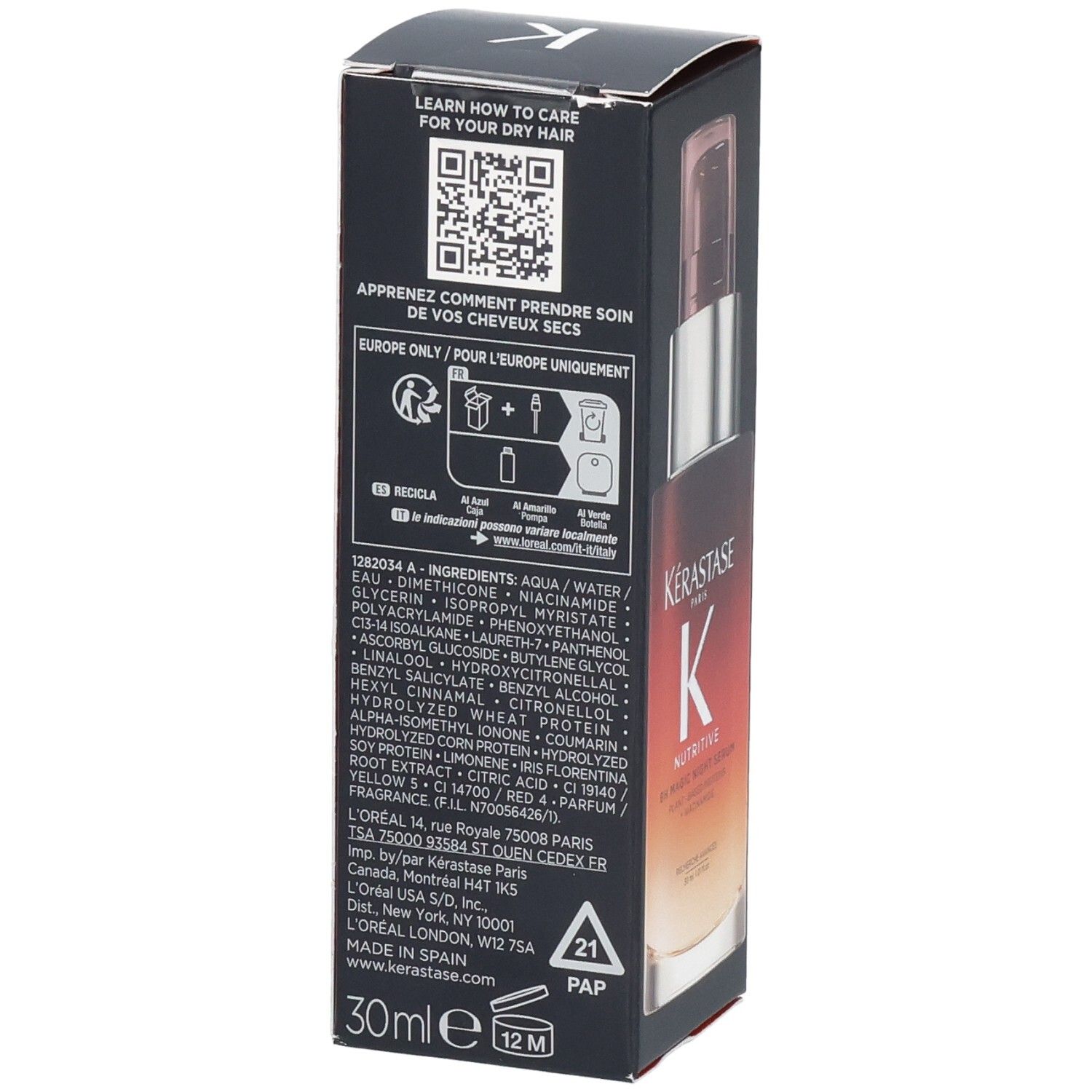 Arrière de l'emballage Kérastase Nutritive 8h Magic Night Serum avec liste des ingrédients et instructions.