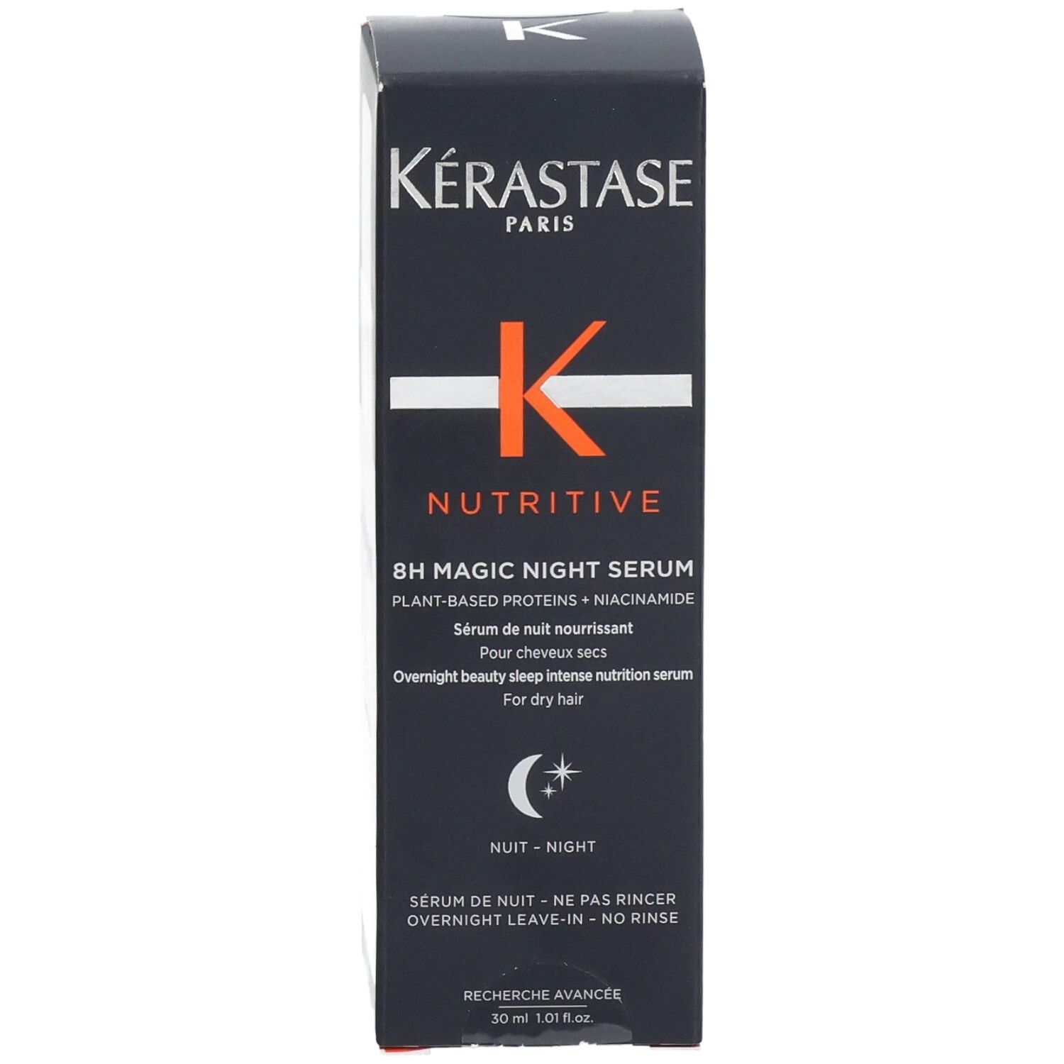 Face avant de la boîte Kérastase Nutritive 8h Magic Night Serum avec nom du produit et logo.