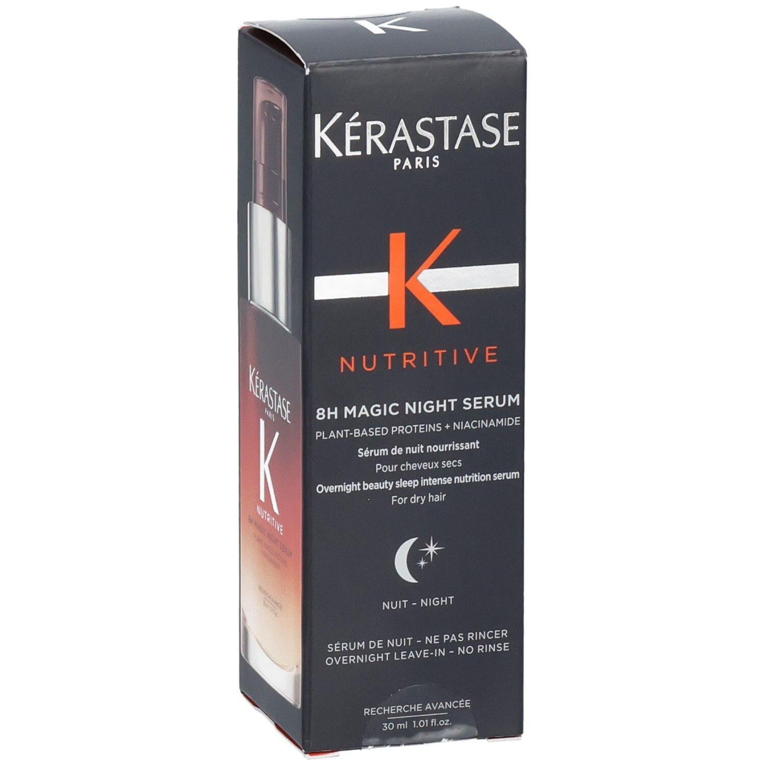 Kérastase Nutritive 8h Magic Night Serum Flacon avec pompe, partiellement dans sa boîte ouverte.