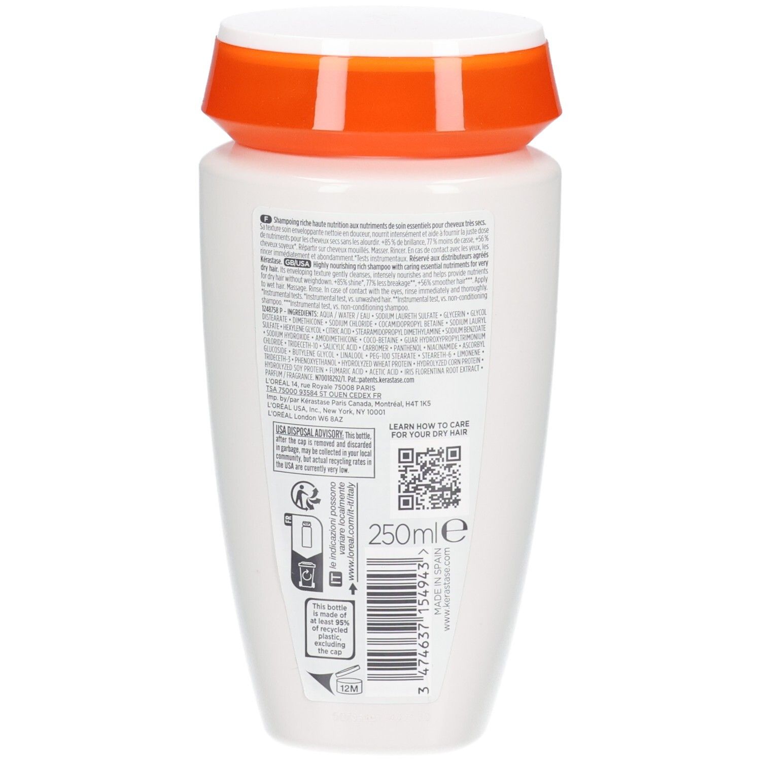 Arrière d'une bouteille de shampooing Kérastase Nutritive Bain Satin Riche avec informations produit.