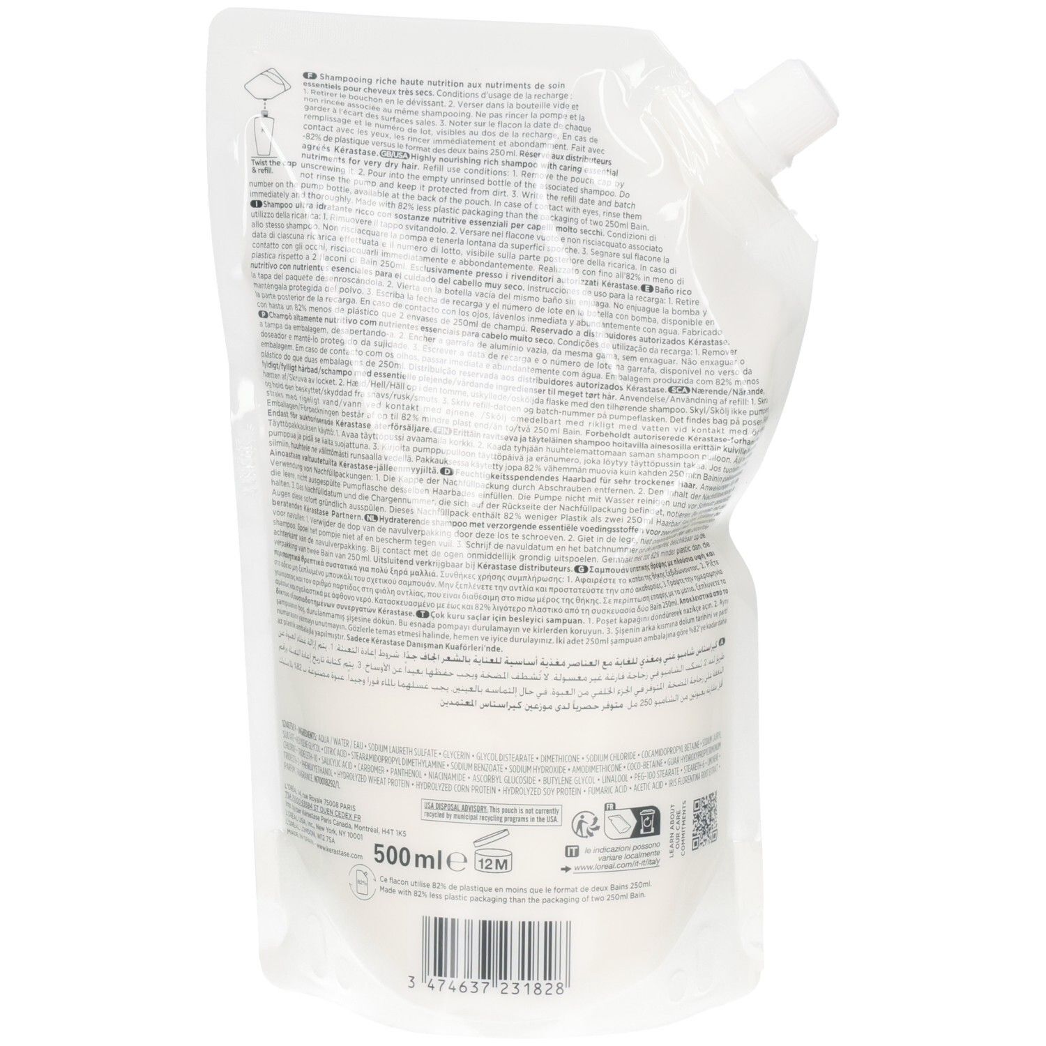 Achterkant van de Kérastase Nutritive Bain Satin Riche navulverpakking met productinformatie en barcode.