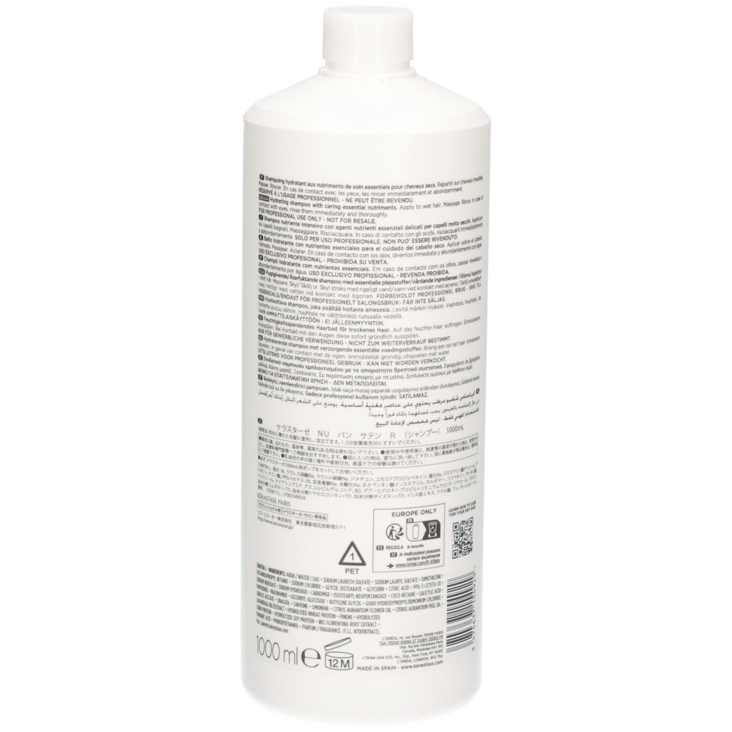 Kérastase Bain Satin Nutritive Shampoo, achterkant met gedetailleerde informatie, 1000ml.