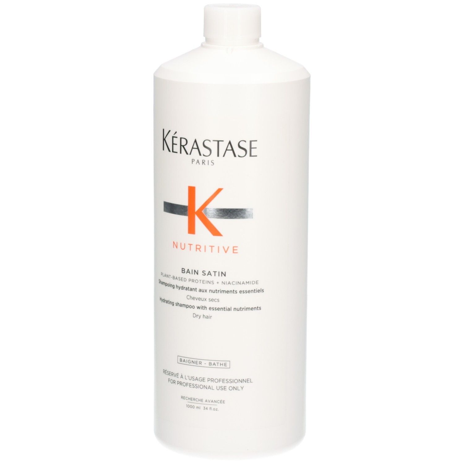 Kérastase Bain Satin Nutritive Shampoo, 1000ml, witte fles met oranje logo.