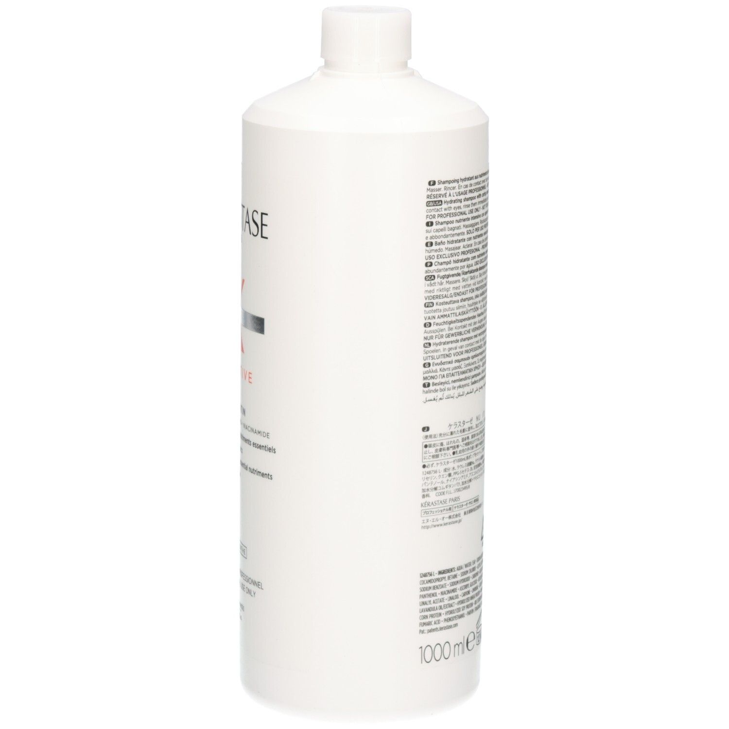 Kérastase Bain Satin Nutritive Shampoo, zijaanzicht met productinformatie, 1000ml.