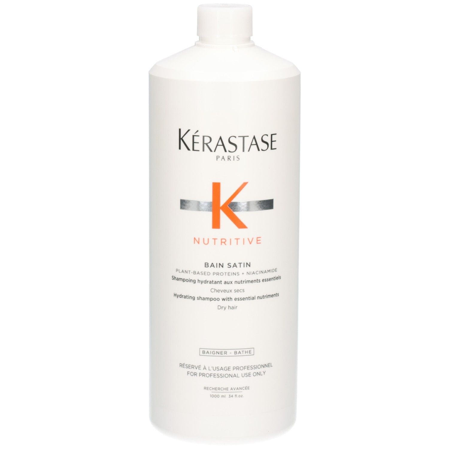 Kérastase Bain Satin Nutritive Shampoo, 1000ml, witte fles, voorkant.