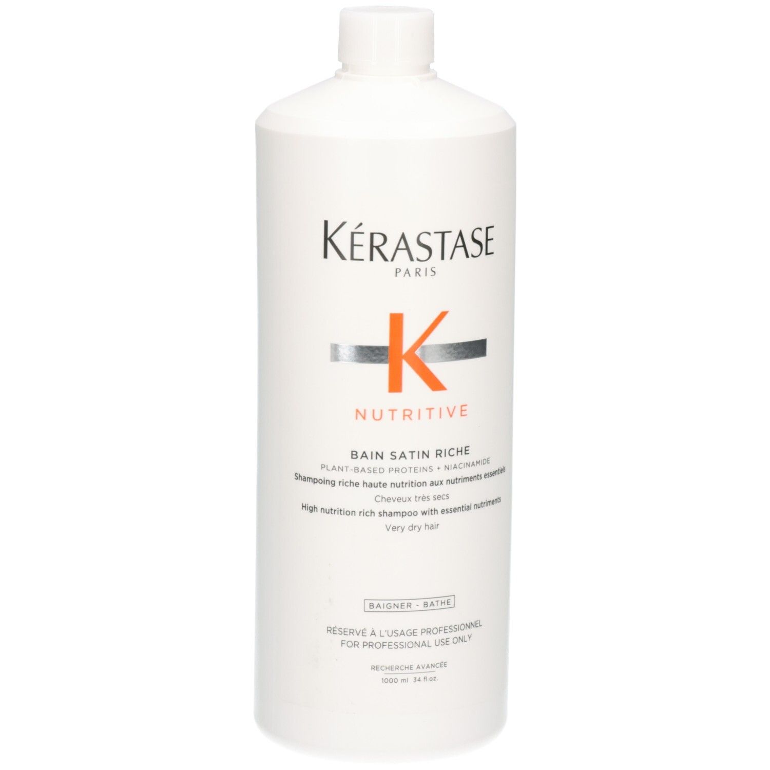 Flacon blanc Kérastase Nutritive Bain Satin Riche Shampooing, 1000ml.