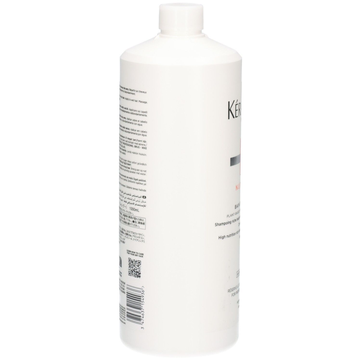 Arrière du flacon blanc Kérastase Nutritive Bain Satin Riche Shampooing avec texte.