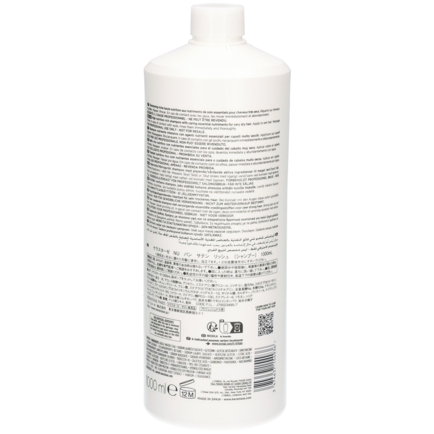 Arrière du flacon blanc Kérastase Nutritive Bain Satin Riche Shampooing avec texte et code-barres.