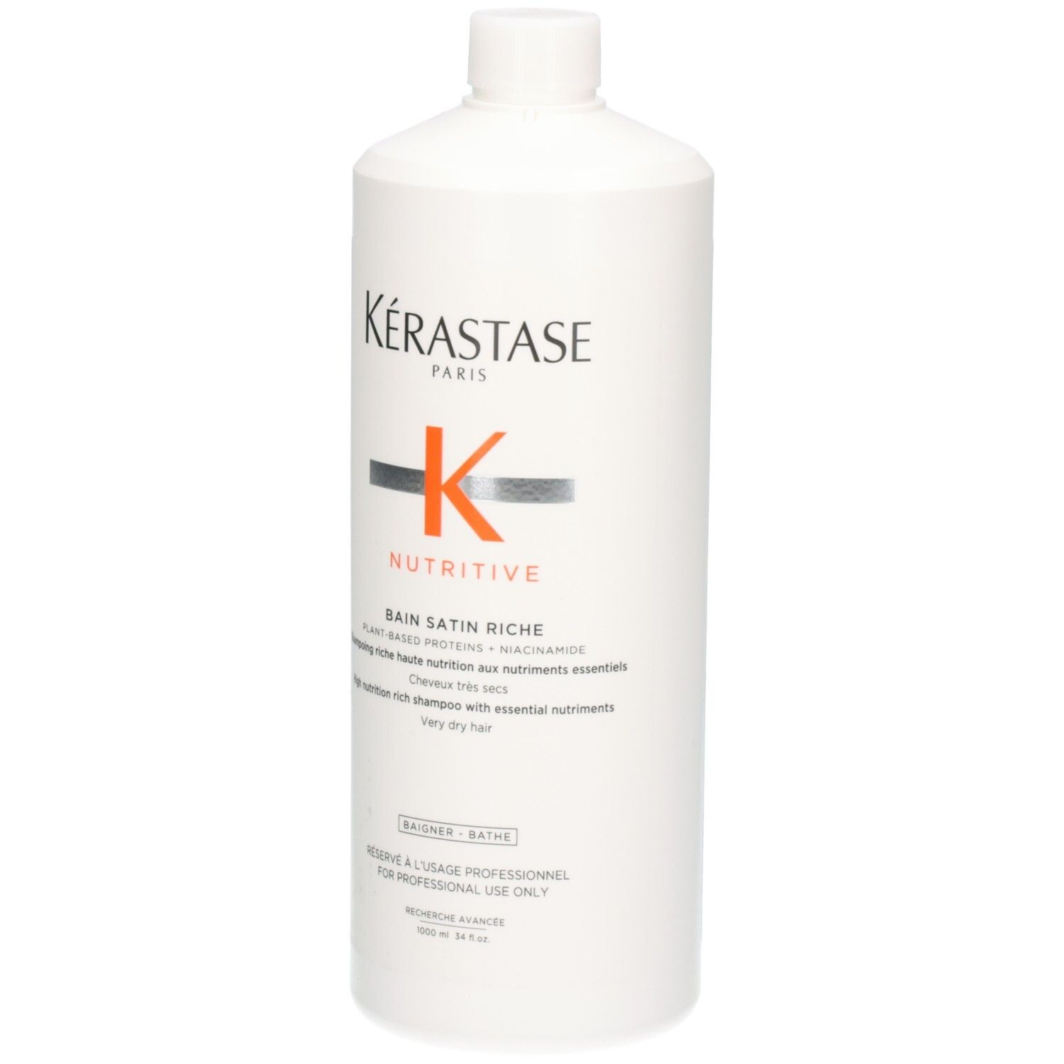 Flacon blanc Kérastase Nutritive Bain Satin Riche Shampooing, 1000ml.