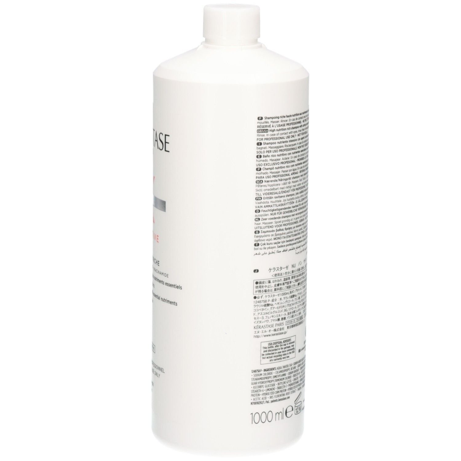 Arrière du flacon blanc Kérastase Nutritive Bain Satin Riche Shampooing avec texte et code-barres.