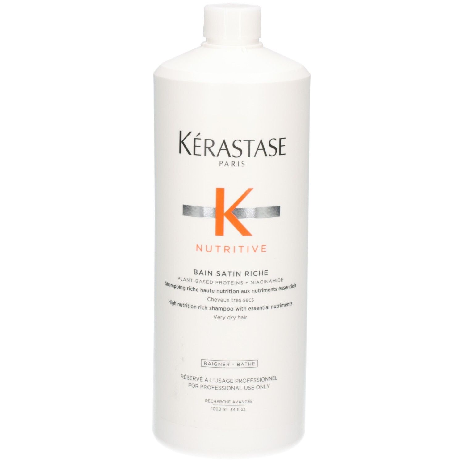 Flacon blanc Kérastase Nutritive Bain Satin Riche Shampooing, 1000ml.