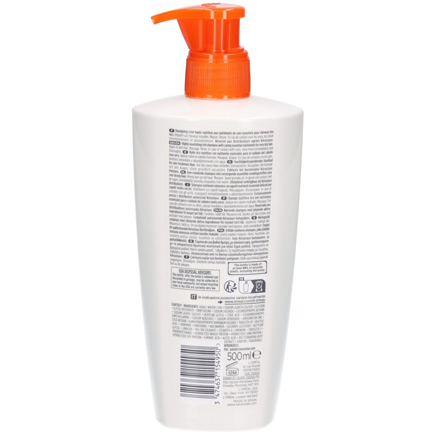 Arrière du Kérastase Nutritive Bain Satin Riche Shampoo avec étiquette et code-barres, 500ml.