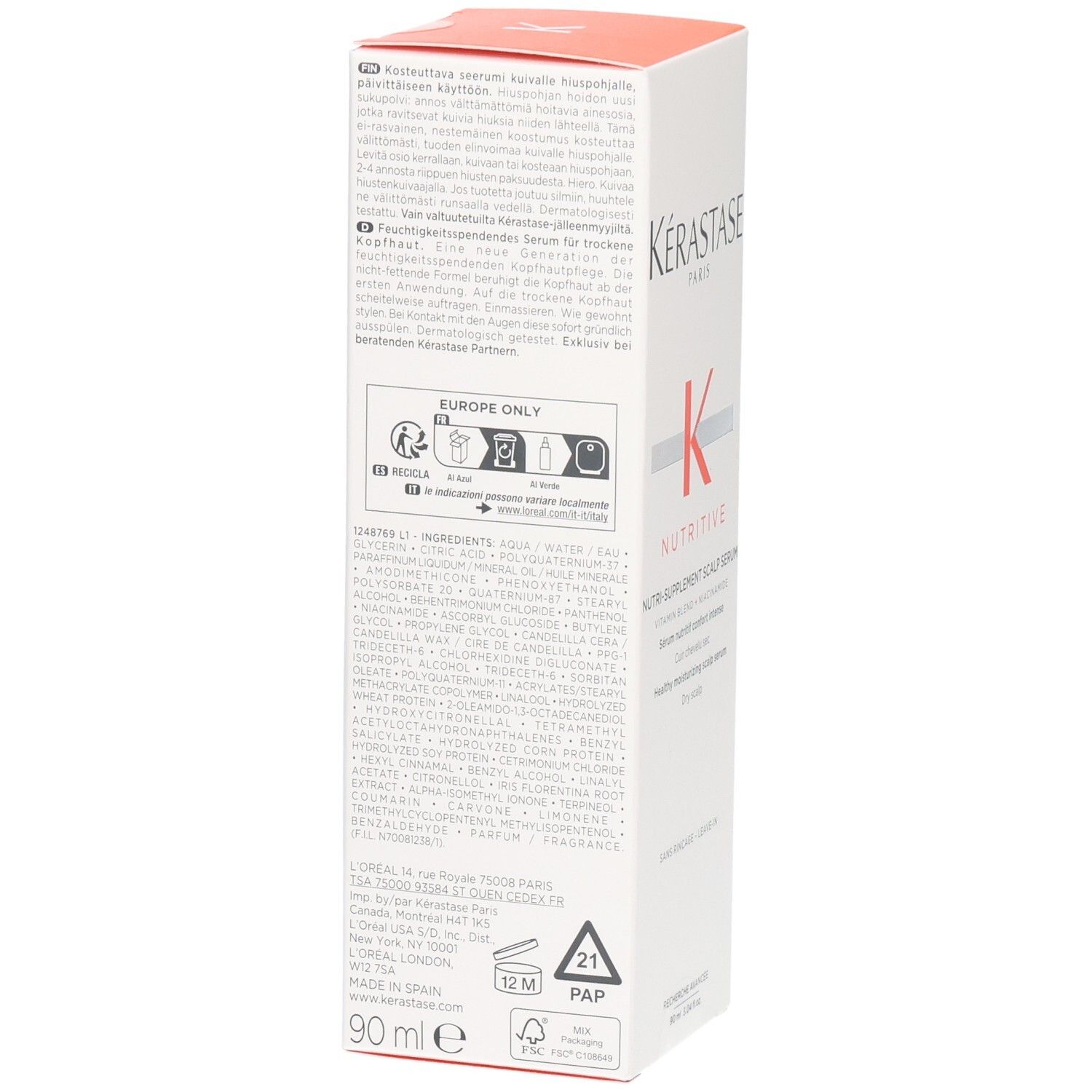 Achterkant van de Kérastase Nutritive Nutri-Supplement Scalp Serum verpakking met ingrediënten en instructies.