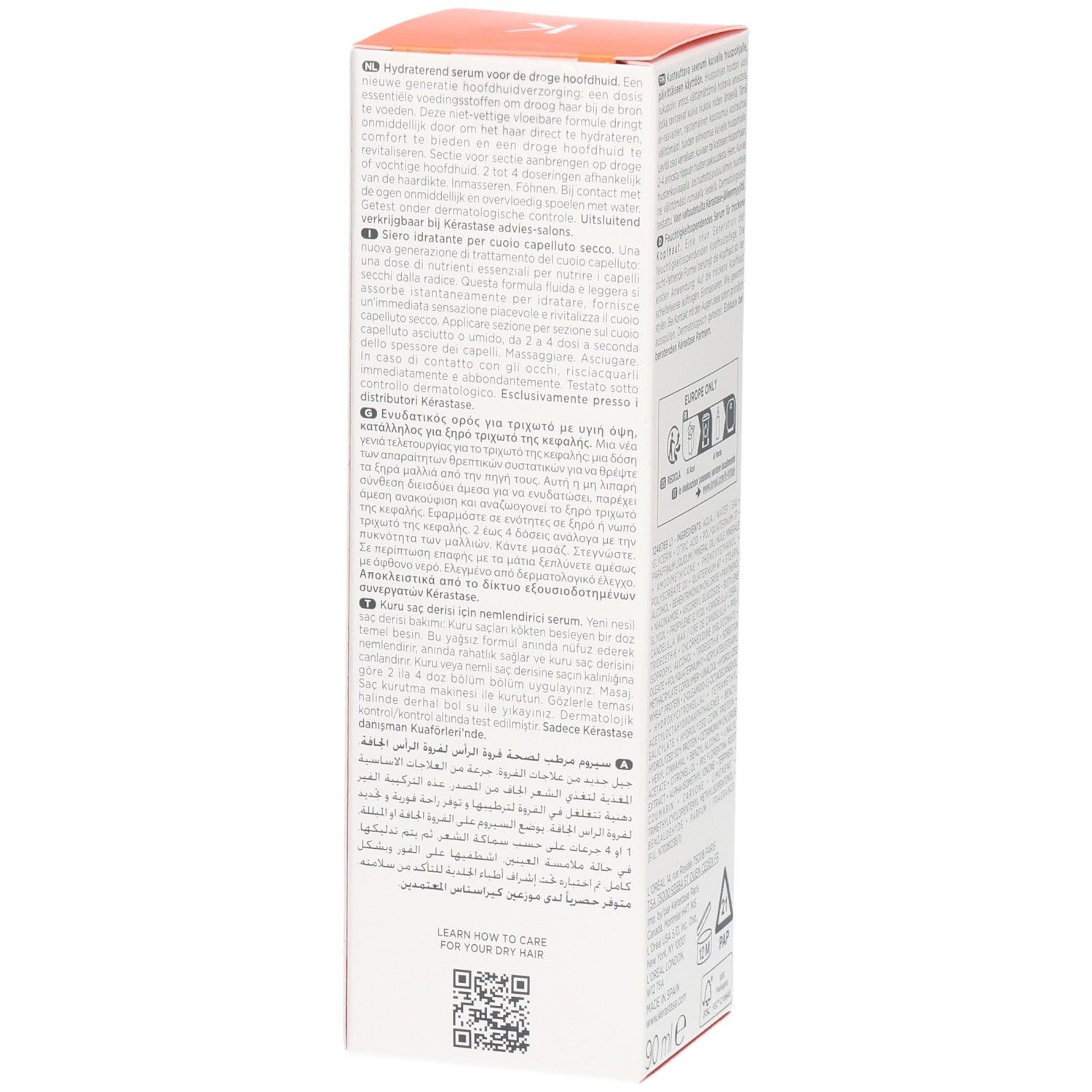 Zijkant van de Kérastase Nutritive Nutri-Supplement Scalp Serum verpakking met meertalige informatie.