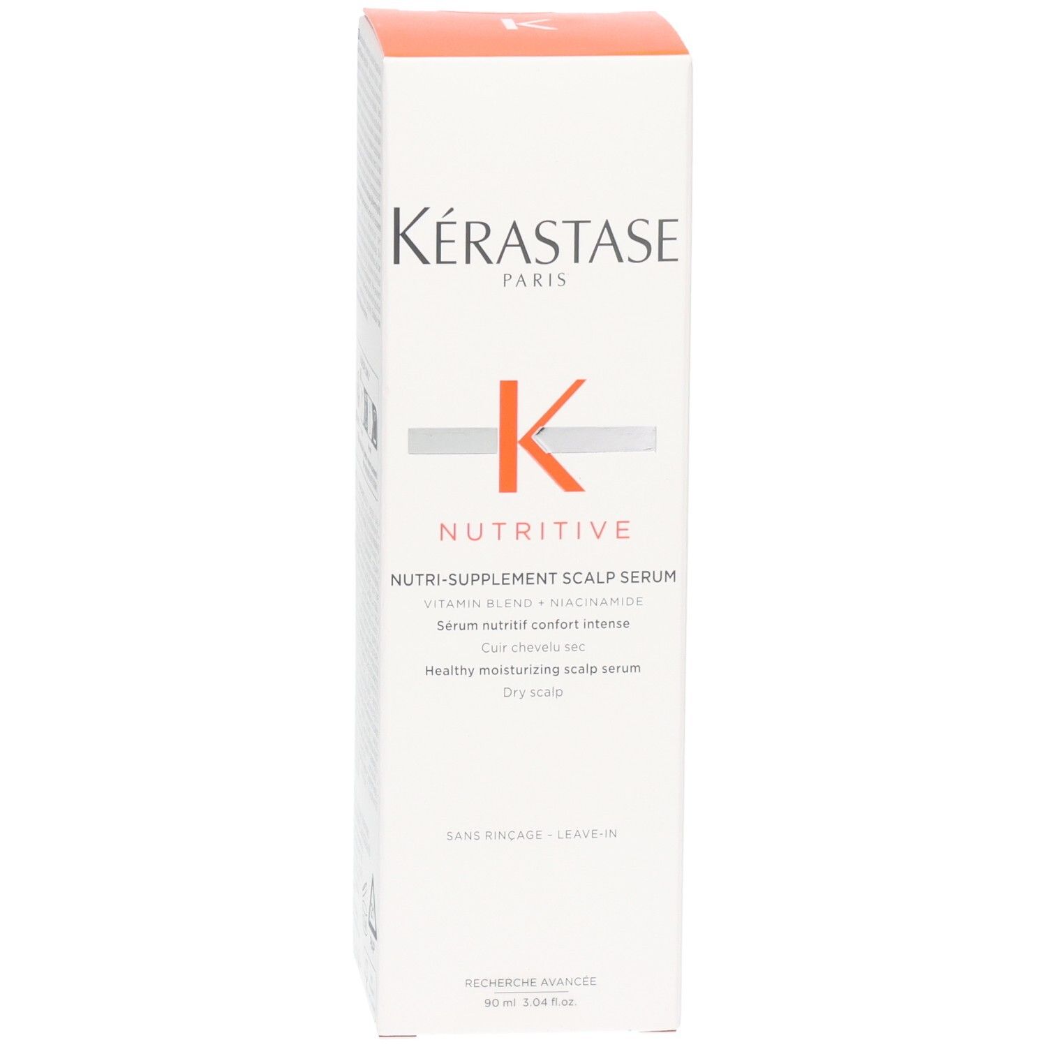 Voorkant van de Kérastase Nutritive Nutri-Supplement Scalp Serum verpakking. Voor droog haar.