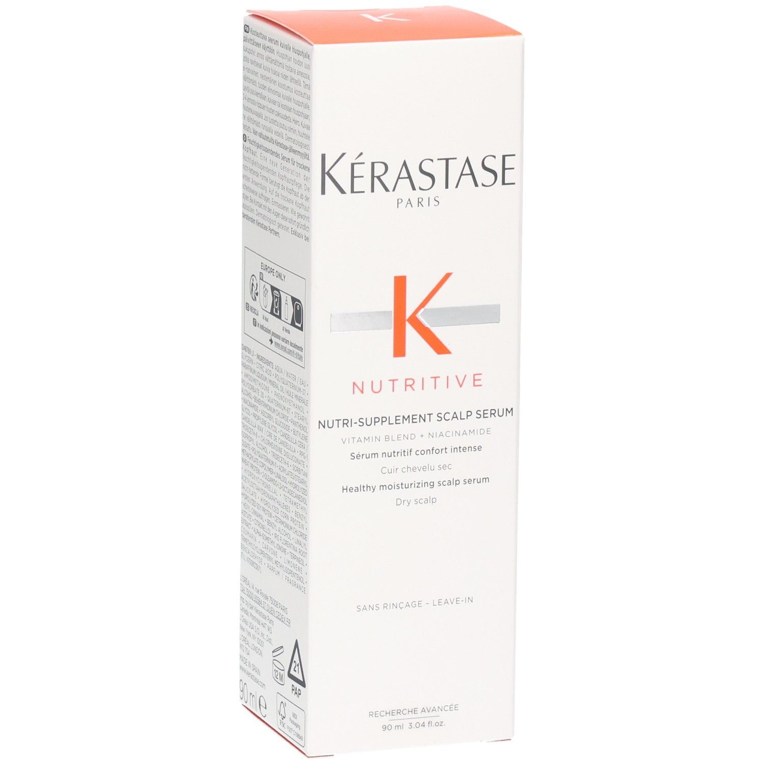 Kérastase Nutritive Nutri-Supplement Scalp Serum verpakking. Bevat Vitaminencomplex + Niacinamide.
