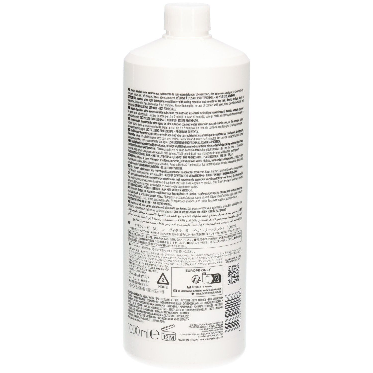 Kérastase Nutritive Lait Vital : arrière du flacon blanc avec informations produit et code-barres.