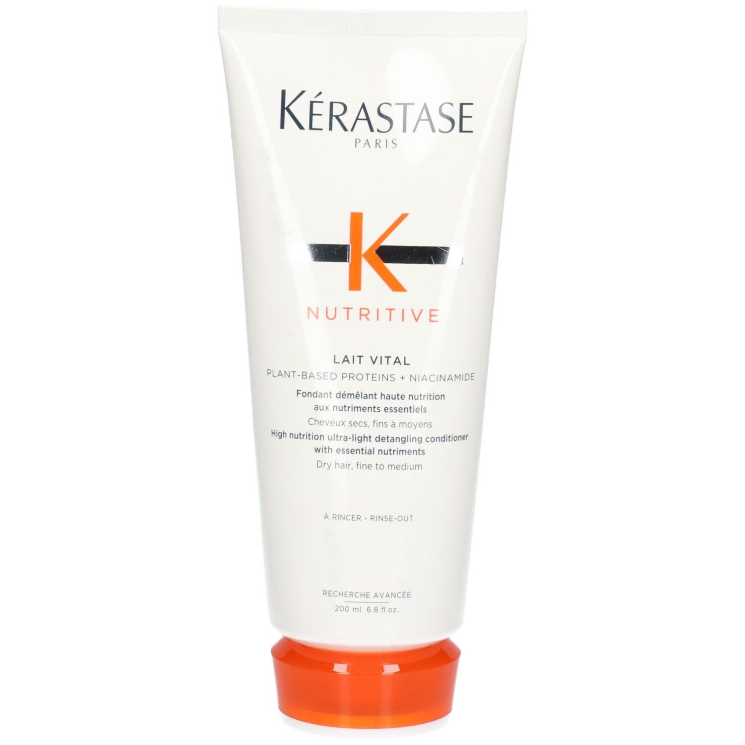 Kérastase Nutritive Lait Vital: Witte tube met oranje dop. Bevat niacinamide en plantaardige eiwitten.