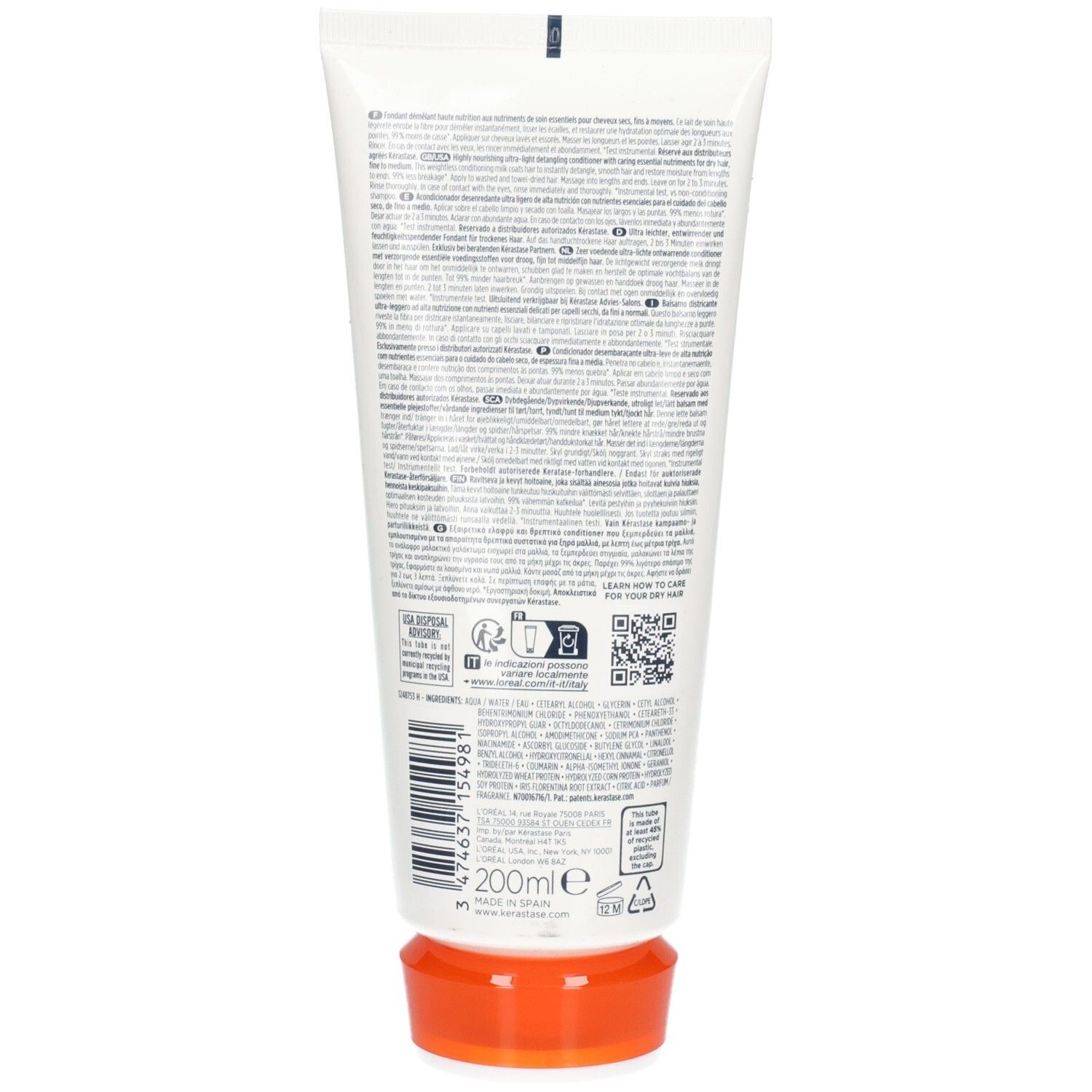 Achterkant van de Kérastase Nutritive Lait Vital tube met ingrediënten en instructies. 200 ml.