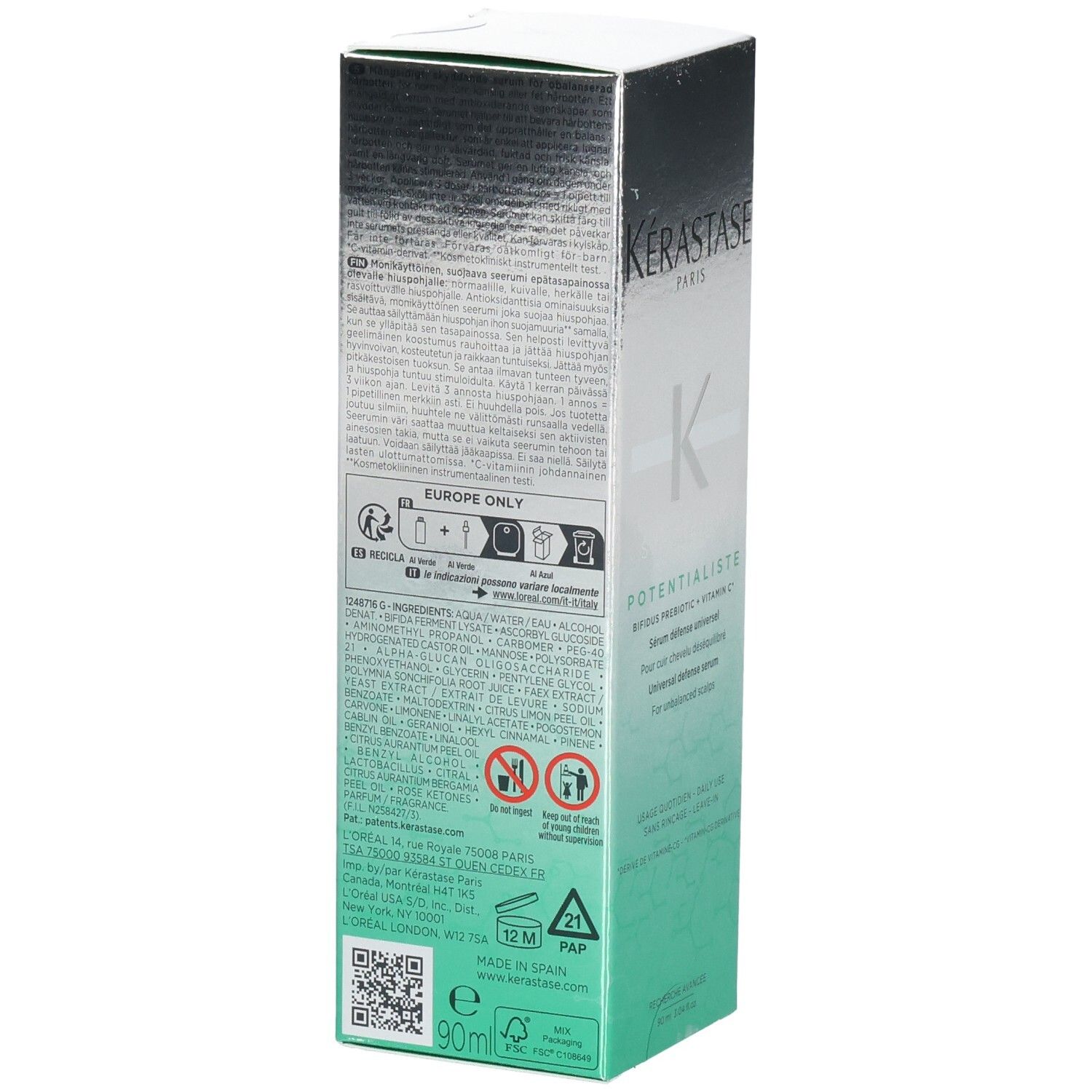 Arrière de l'emballage du Sérum Potentialiste Spécifique Kerastase avec ingrédients et instructions.