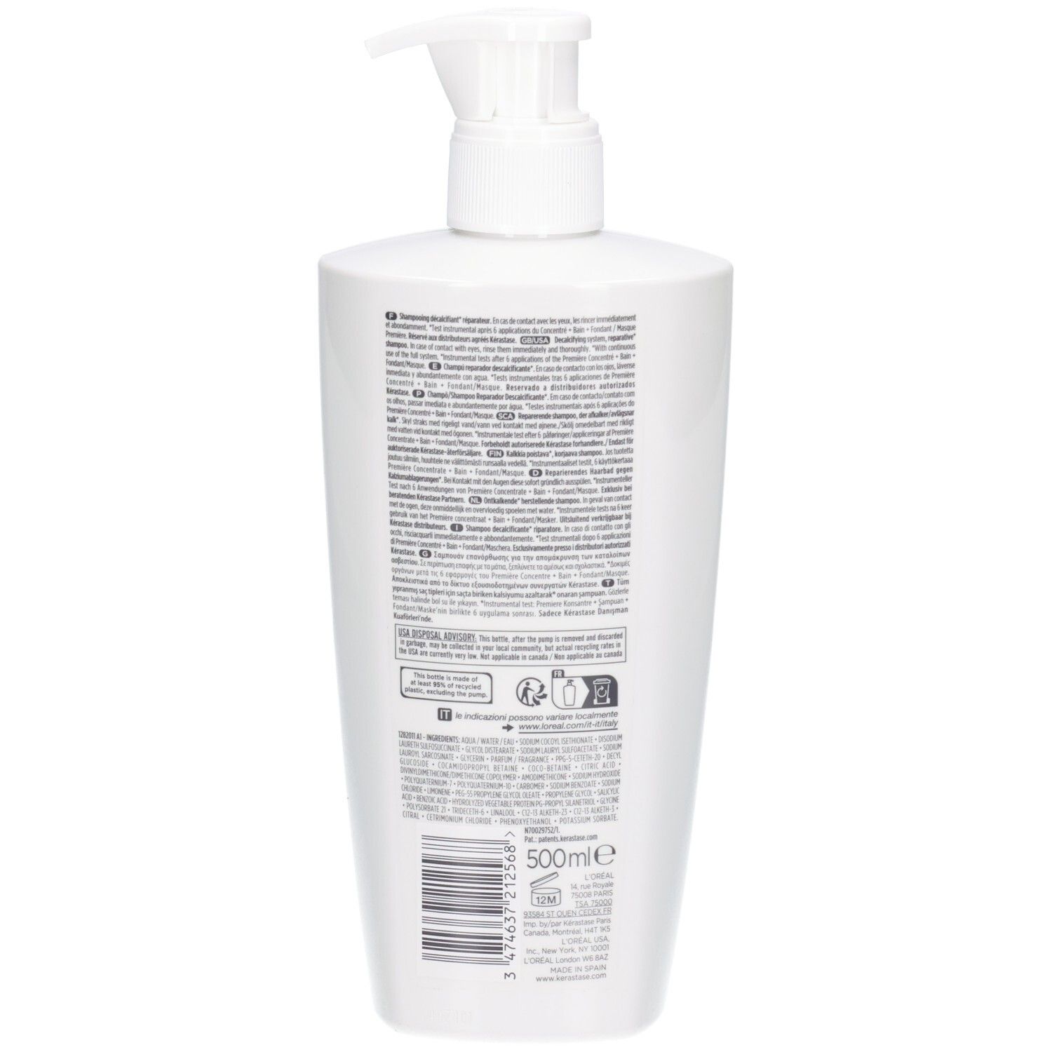 Achterkant van de witte Kérastase shampoofles met gedetailleerde productinformatie.