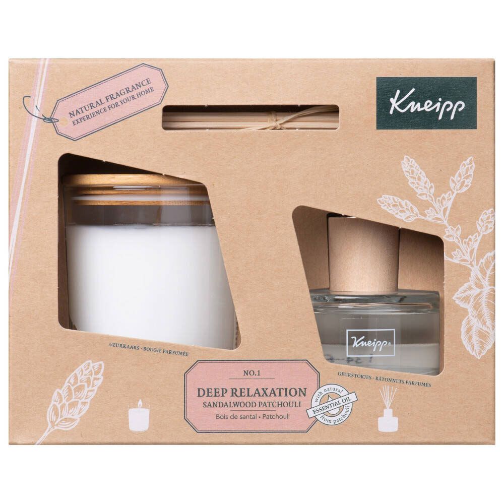 Cadeauset met kaars en geurverspreider. Bruine verpakking. Kneipp-logo zichtbaar.