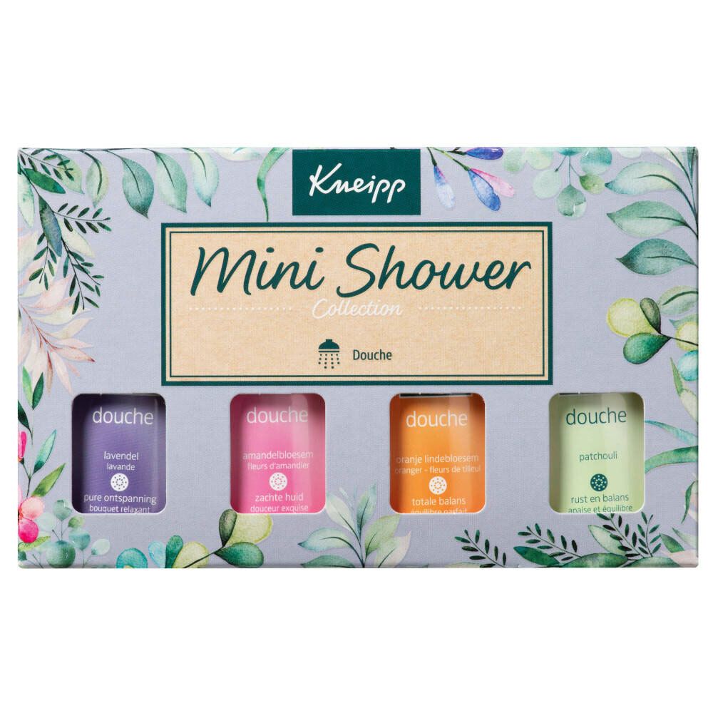 Kneipp® Mini Shower Geschenkset. Doos met vier douchegels in verschillende kleuren. Merk en productnaam duidelijk zichtbaar.