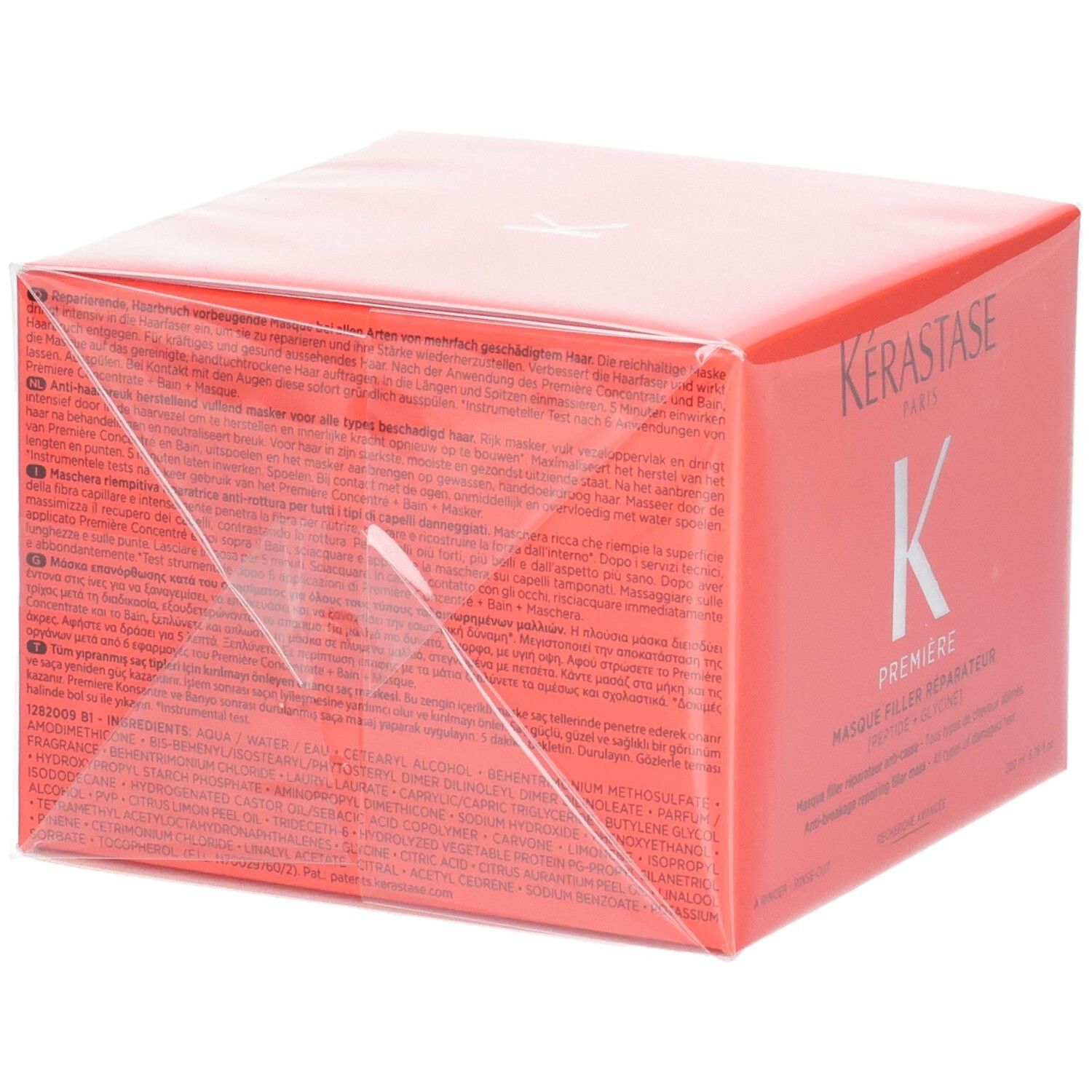 Rode Kérastase Première Masque Filler Réparateur verpakking met tekstinformatie.
