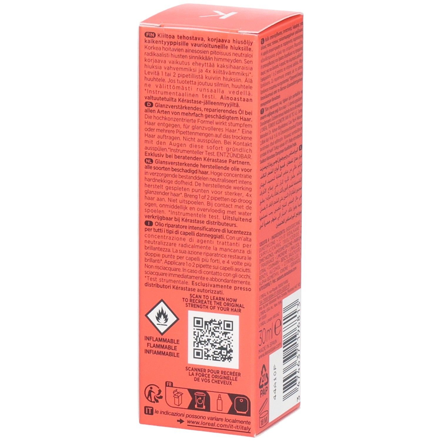Kérastase Première Huile Gloss Réparatrice. Vue latérale de l'emballage avec avertissements et code QR.